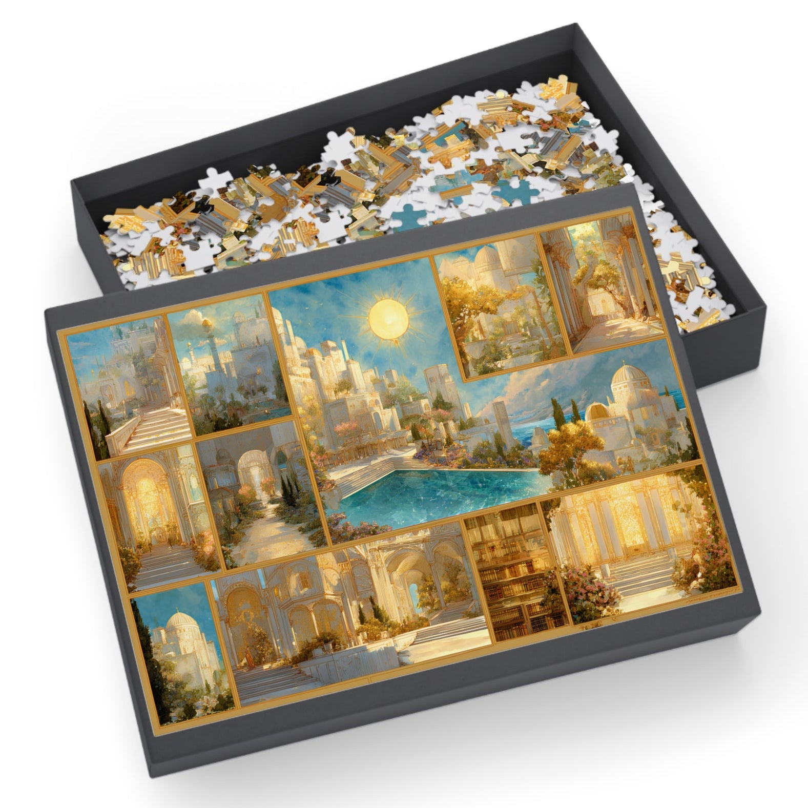 fantasy sunlit kingdom puzzle with golden marble city,
sunlit fantasy jigsaw puzzle box with luminous artwork,
cozy home art puzzle featuring radiant golden realm