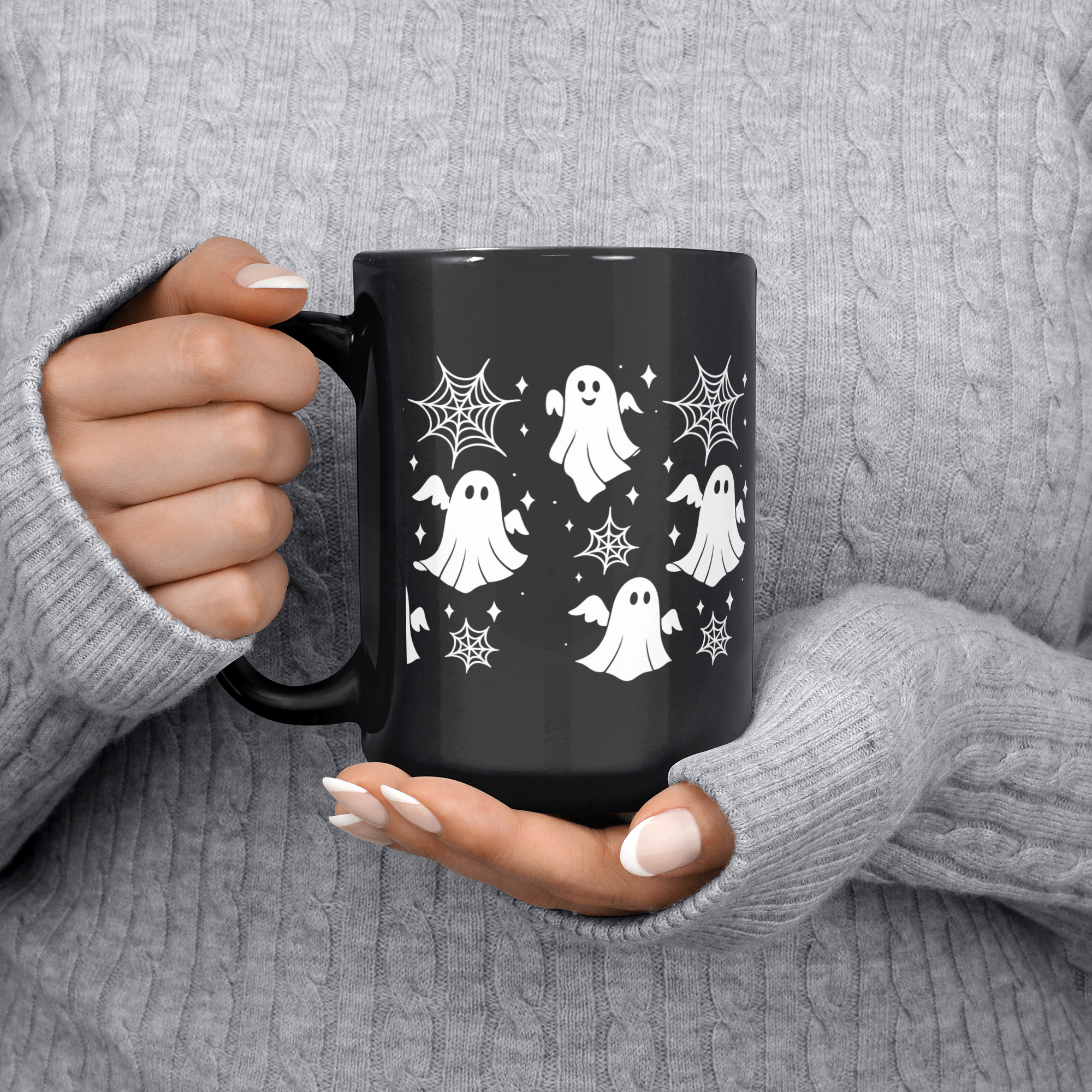 Spooky season coffee mug for fall mornings, glossy black finish with double-sided print.