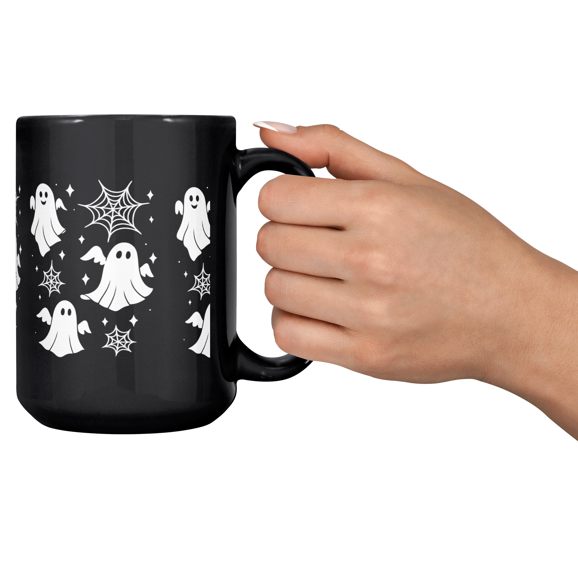 Gothic black coffee mug with spiderweb design, ideal for witchy fall home décor.