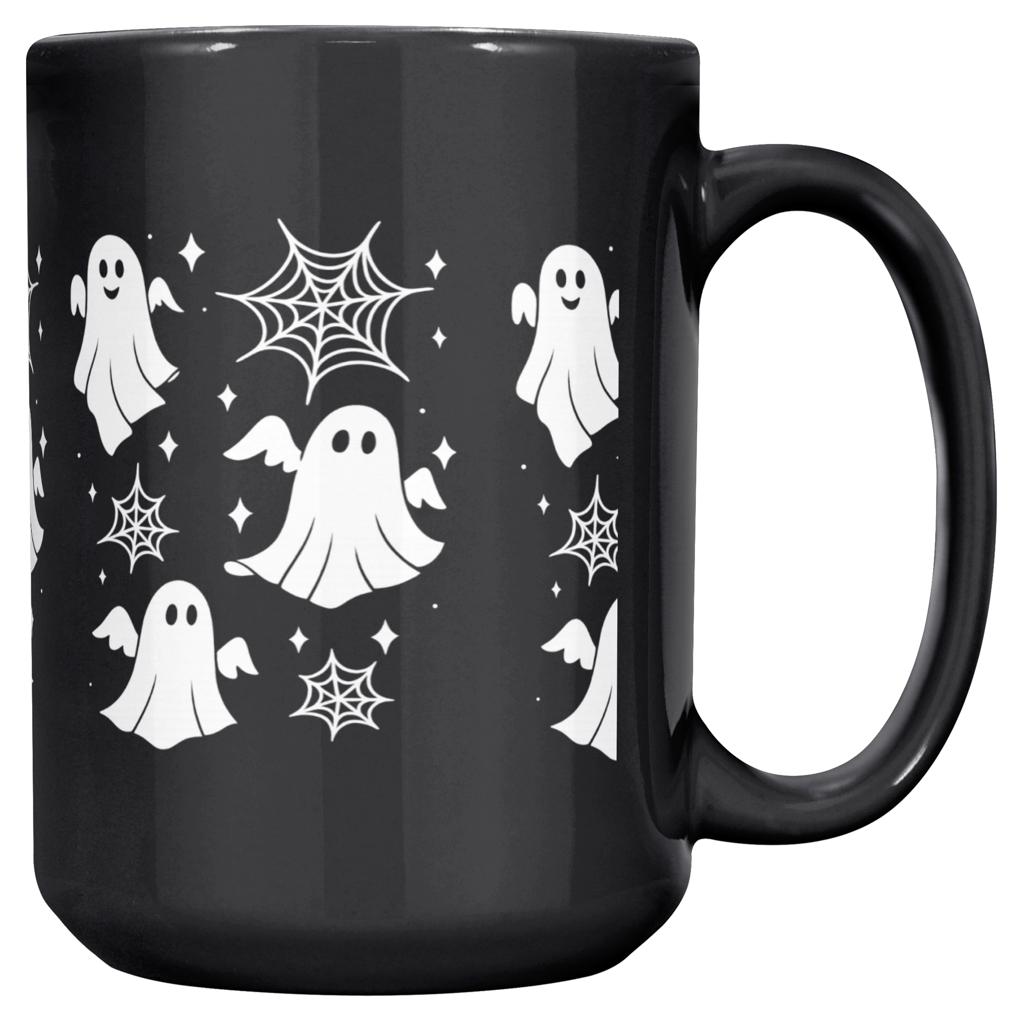Cute black Halloween ghost mug with spiderweb design, perfect spooky season coffee cup.