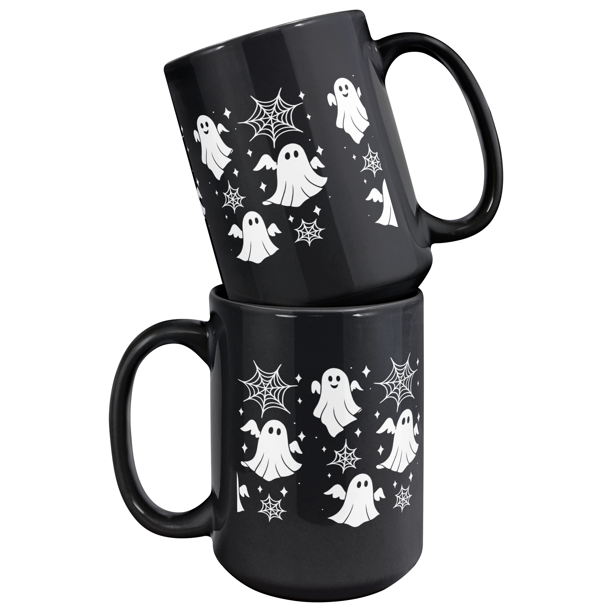 Glossy black coffee mug with ghosts and spiderwebs, fun gothic Halloween kitchen décor.