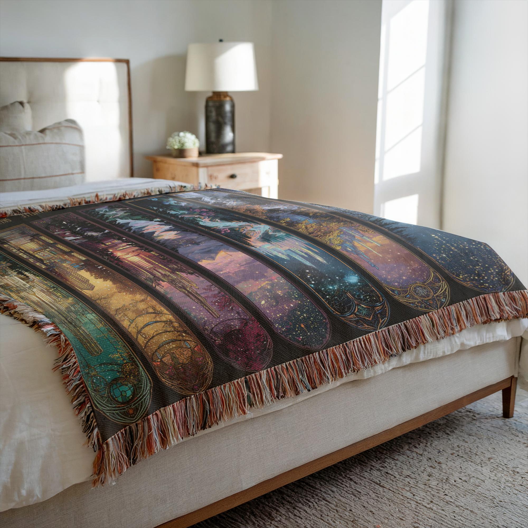scenic storybook woven blanket with city and mountain imagery, fantasy cityscape tapestry blanket for reading spaces, cozy woven blanket featuring glowing fantasy buildings