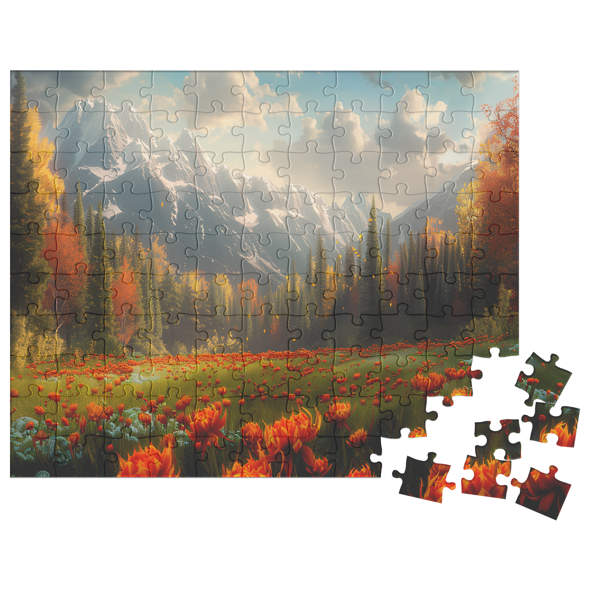autumn meadow art puzzle for cozy home nights, relaxing mountain scene puzzle with forest and flowers