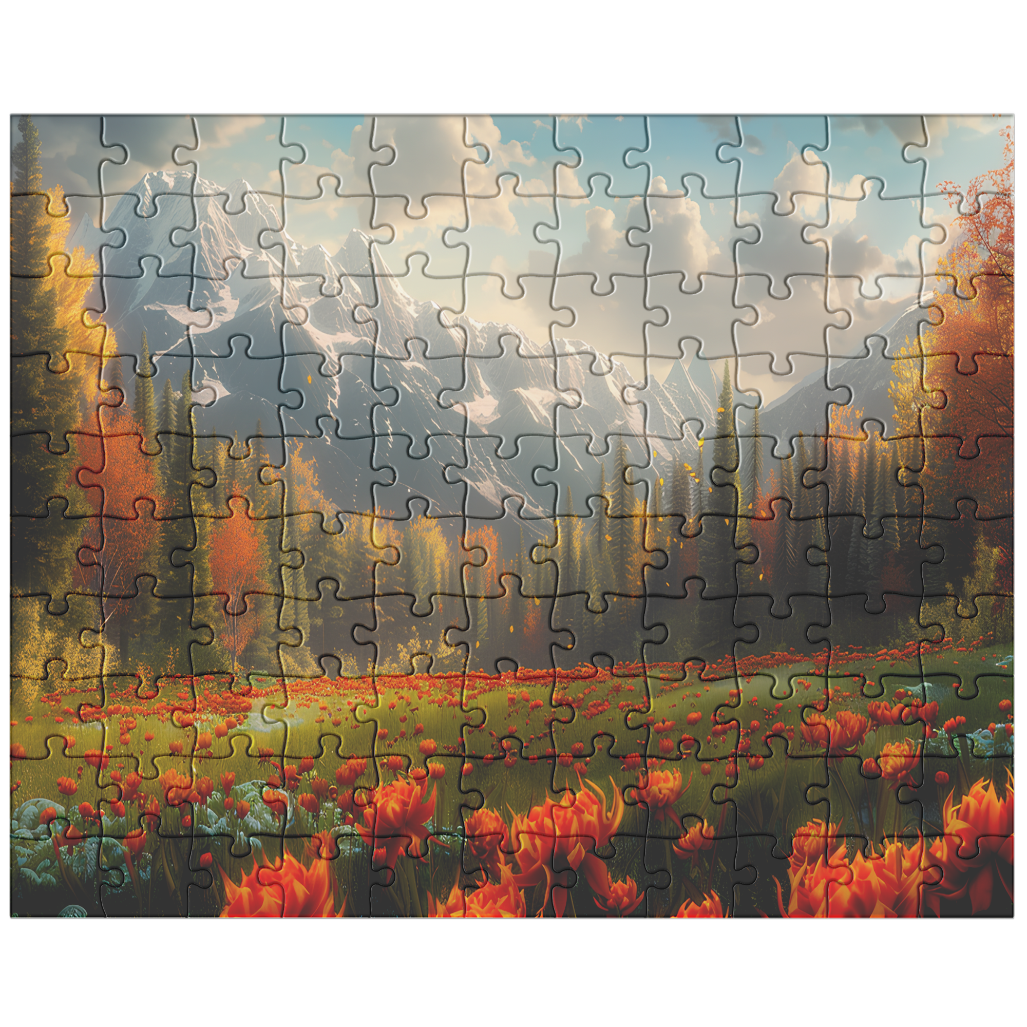 mountain puzzle with vibrant autumn forest and clear blue sky, tranquil jigsaw puzzle of meadow flowers and snowcapped peaks