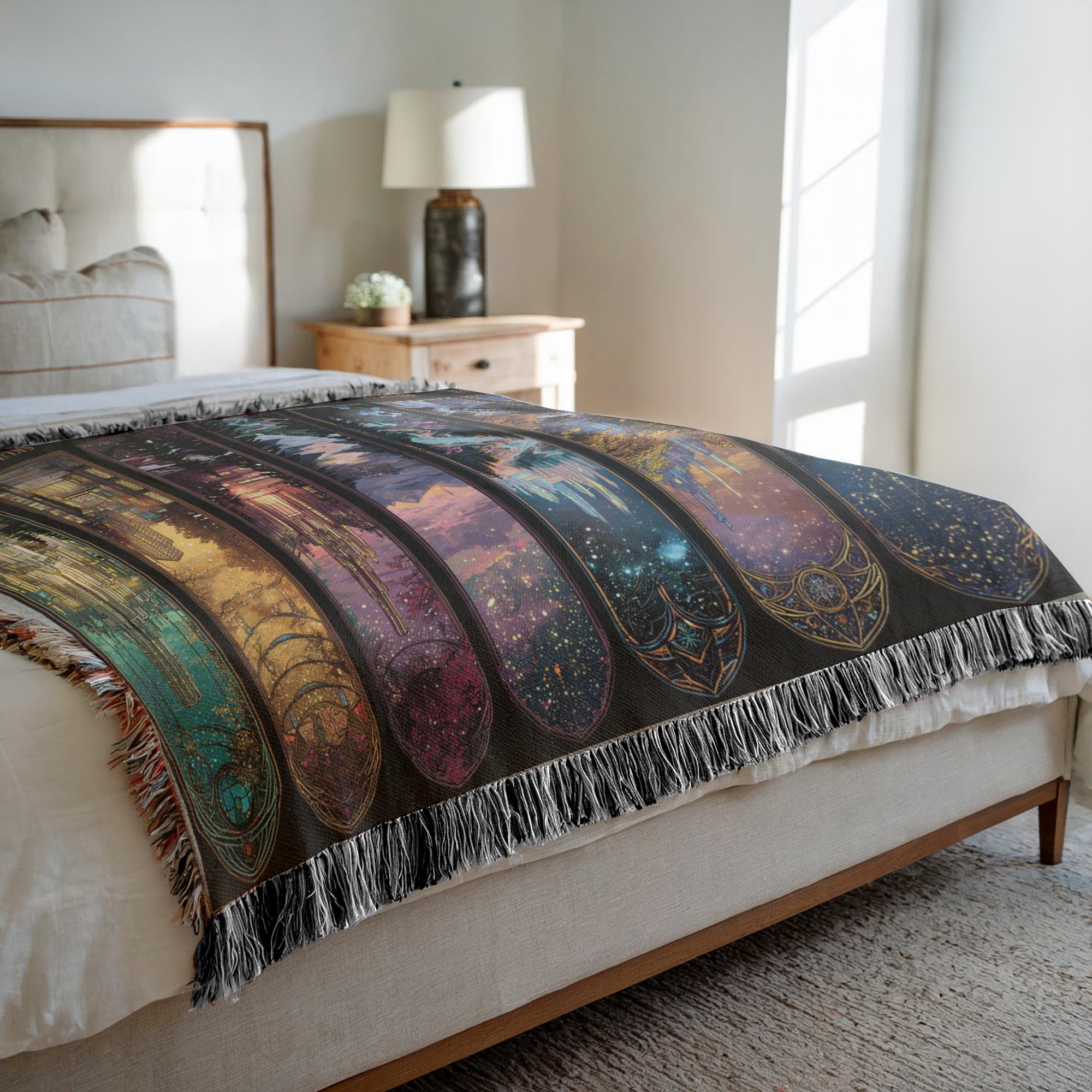 decorative woven throw blanket with fantasy city realm panels, fantasy city realm woven blanket for couch, bookish scenic woven throw for reading nook