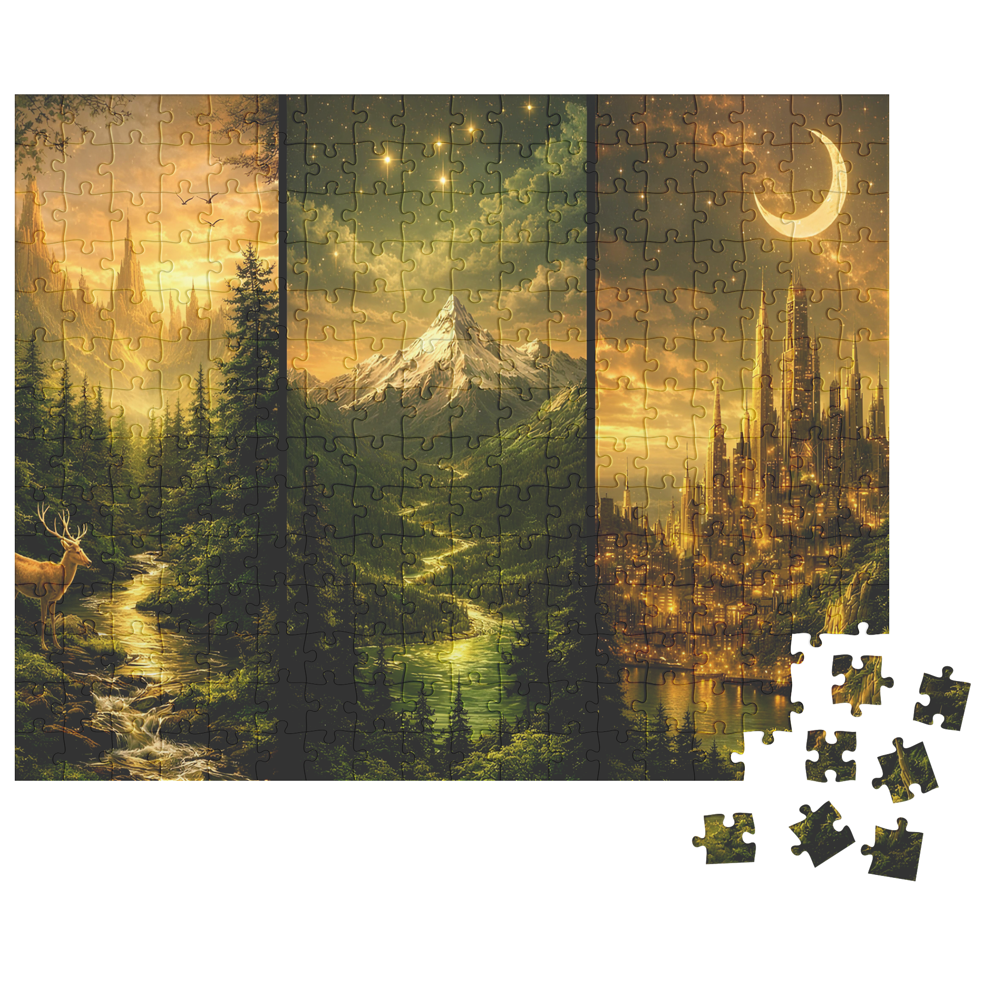 antasy landscape puzzle ideal for stress relief and relaxation, artistic fantasy jigsaw puzzle with cinematic scenery, adult puzzle featuring enchanted forest and illuminated city