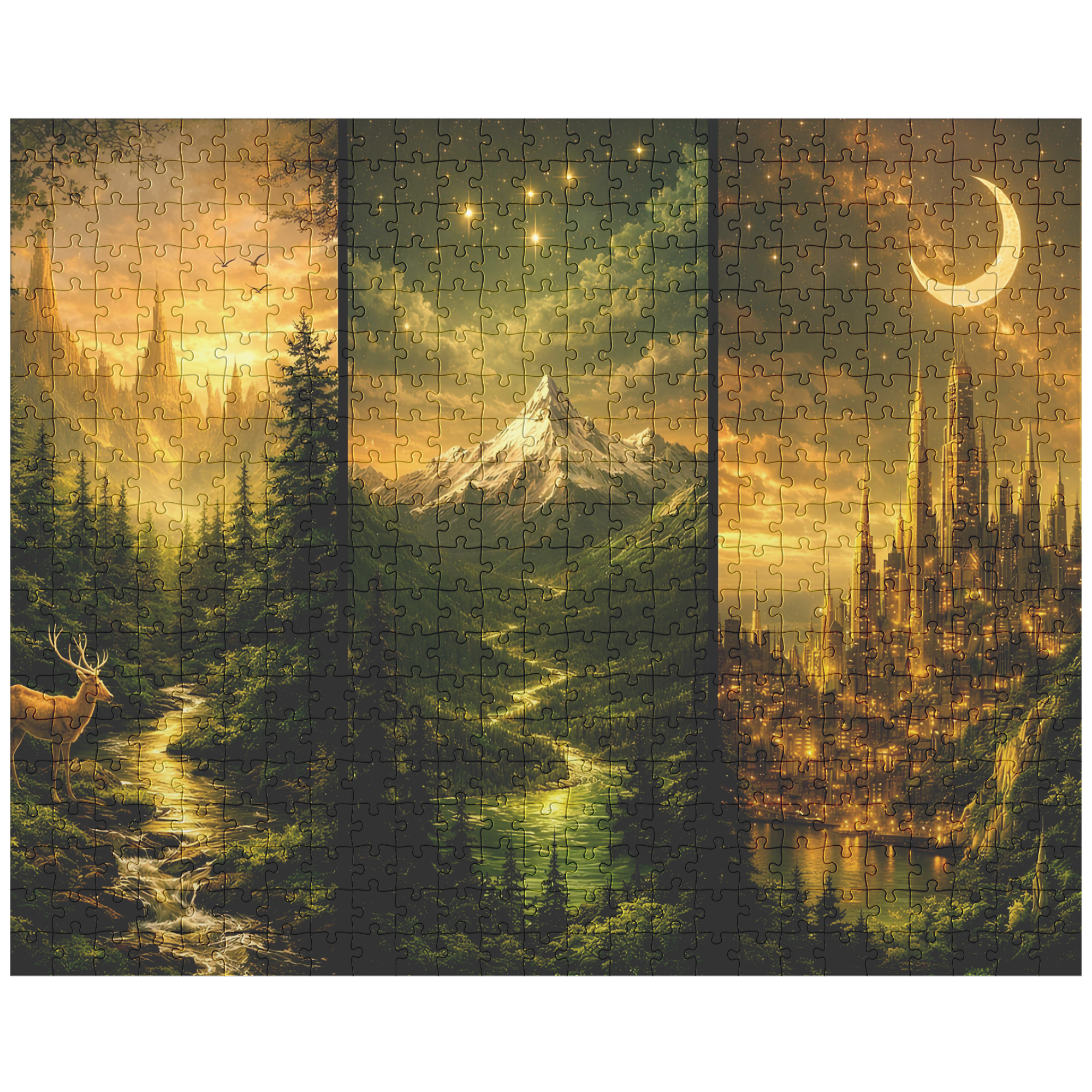 antasy themed puzzle for calm focus and mindfulness, magical scenery jigsaw puzzle with warm golden tones, fantasy landscape puzzle designed for adults and art lovers
