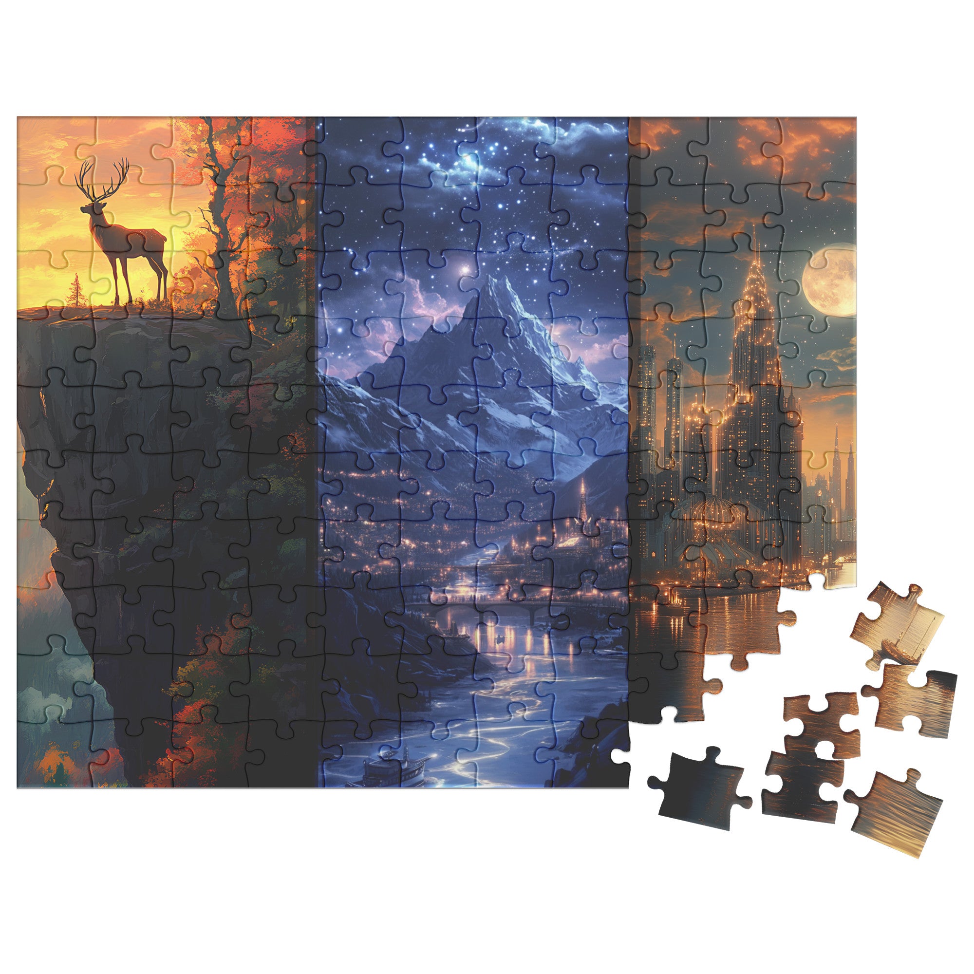 Majestic Fantasy Stag & Starry City Puzzle – Scenic Mountain Nightscape Jigsaw for Adults & Gifts