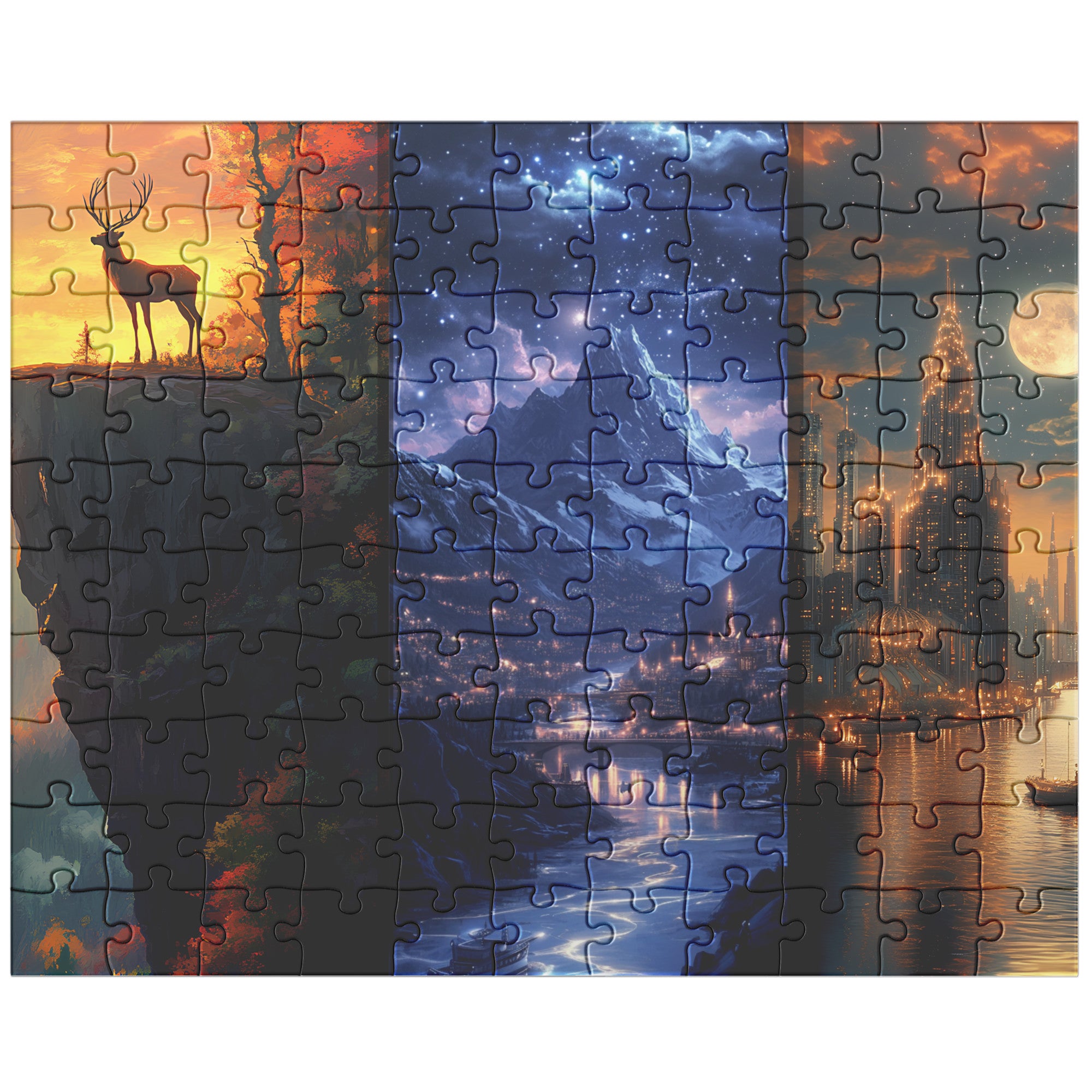 Majestic Fantasy Stag & Starry City Puzzle – Scenic Mountain Nightscape Jigsaw for Adults & Gifts