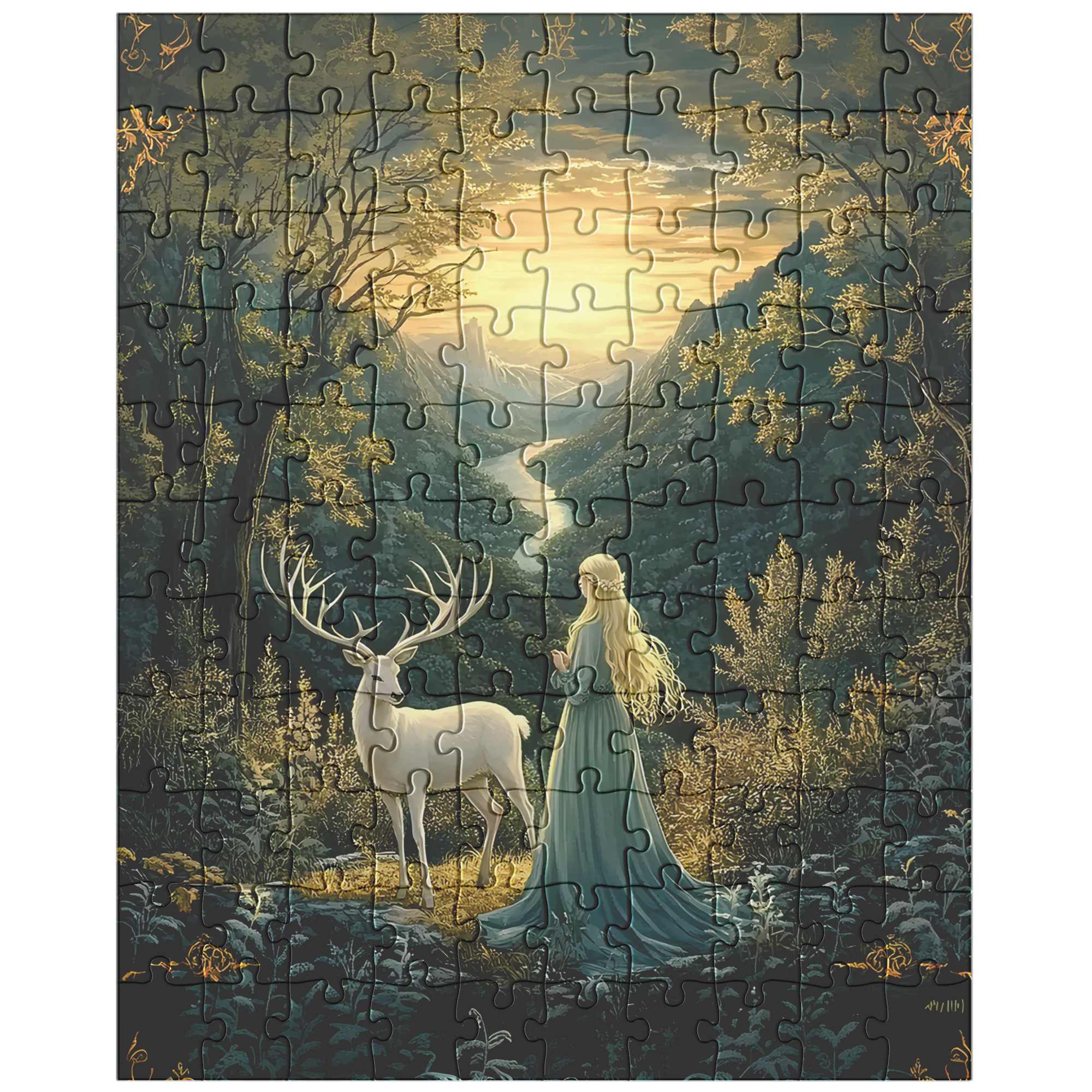 Mystical Fantasy Forest Jigsaw Puzzle with Woman & Stag | Fairytale Scenic Art Gift for Adults, Relaxing Mindful Hobby