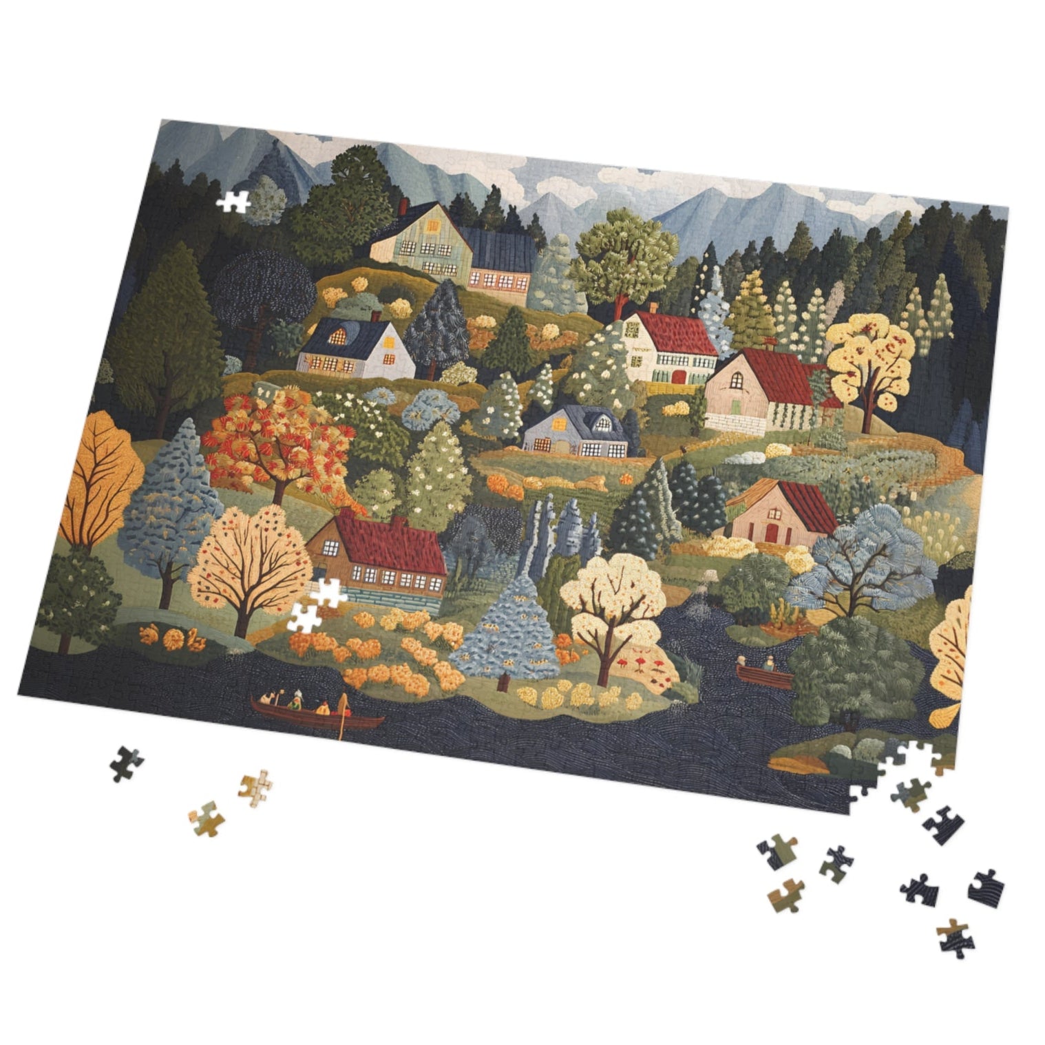 Nordic Folk Art Village Puzzle | Scandinavian Autumn Cottagecore 1000 Piece Jigsaw Gift