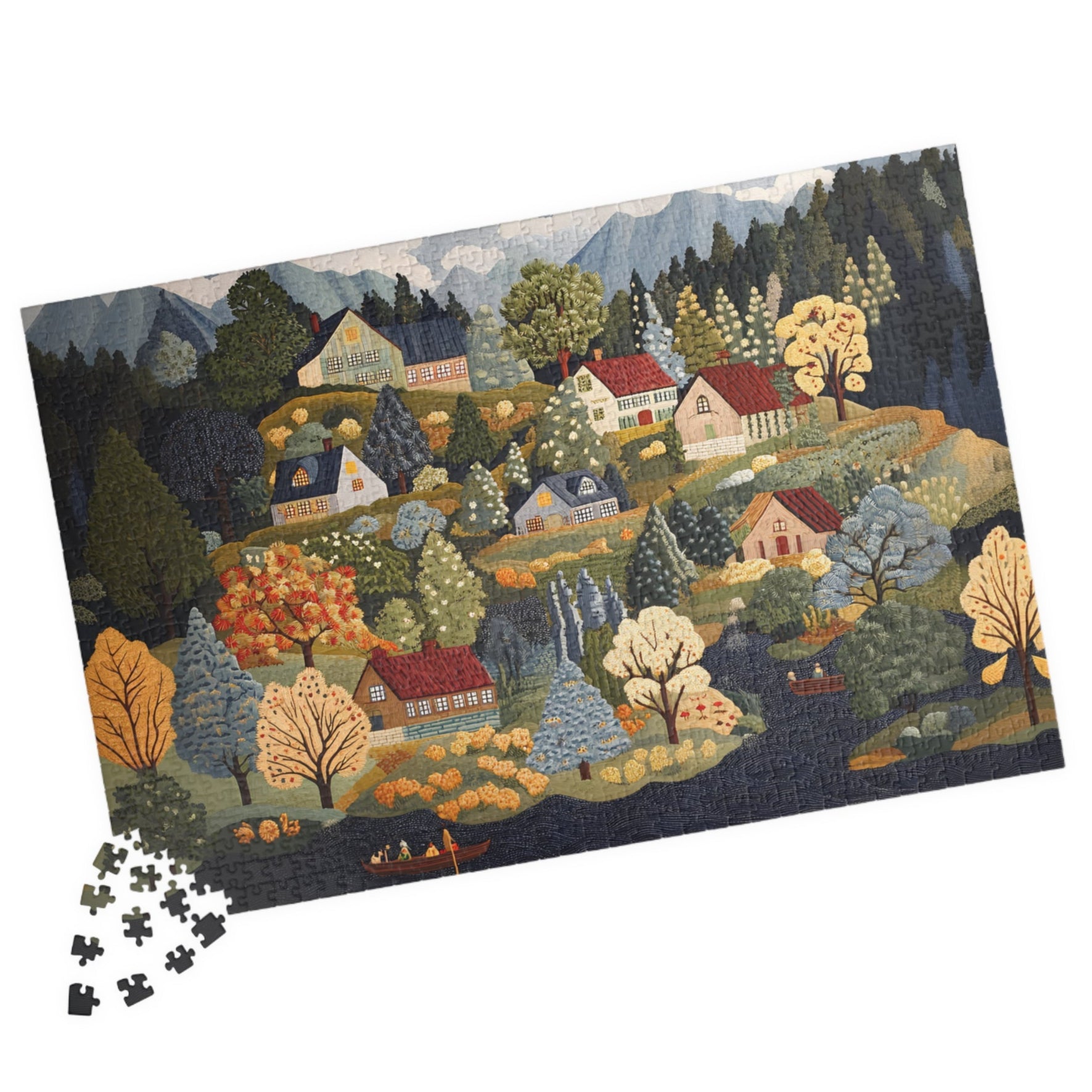 Nordic Folk Art Village Puzzle | Scandinavian Autumn Cottagecore 1000 Piece Jigsaw Gift