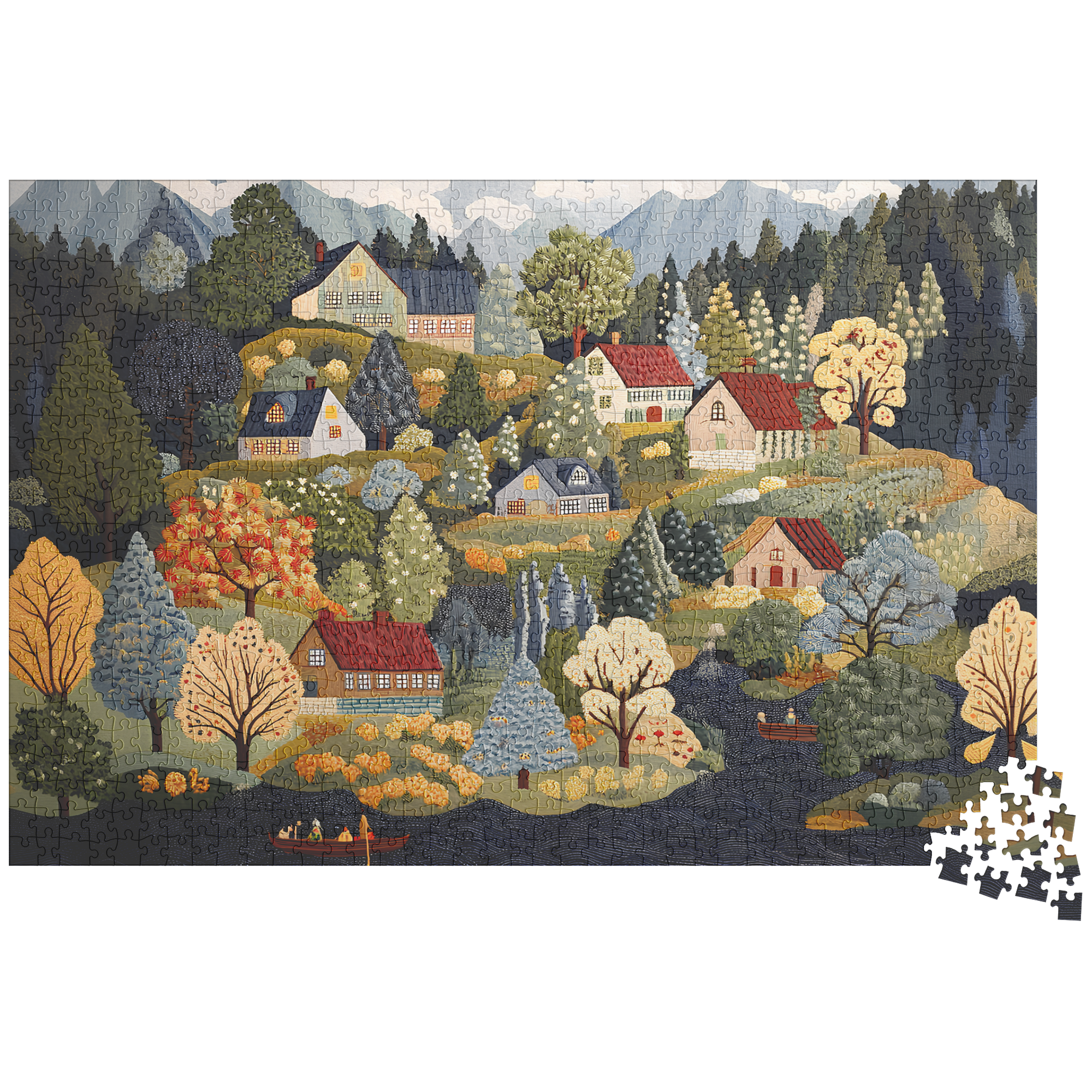 Nordic Folk Art Village Puzzle | Scandinavian Autumn Cottagecore 1000 Piece Jigsaw Gift