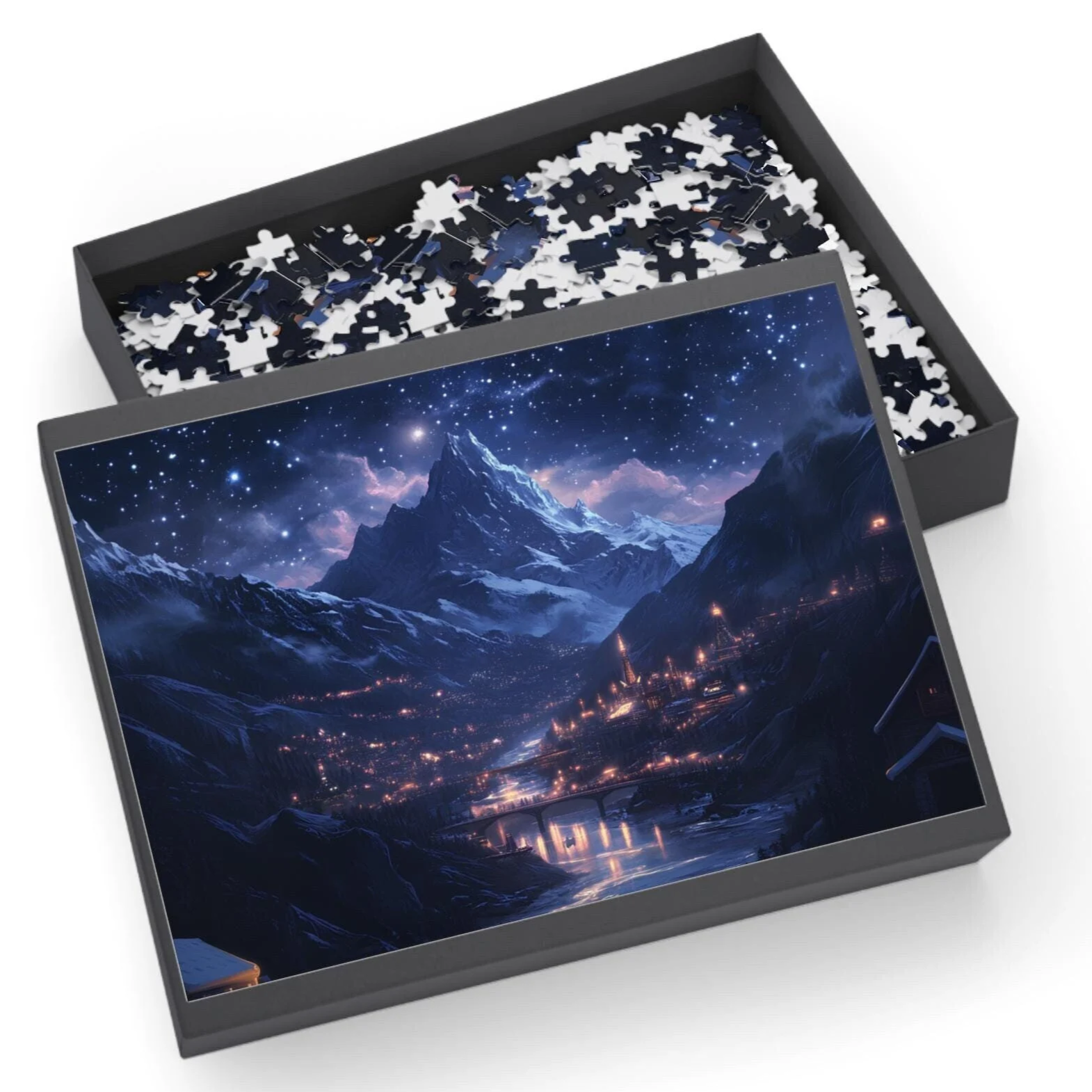 Starry Mountain Village Jigsaw Puzzle – Scenic Night Sky Landscape Puzzle for Adults & Gifts