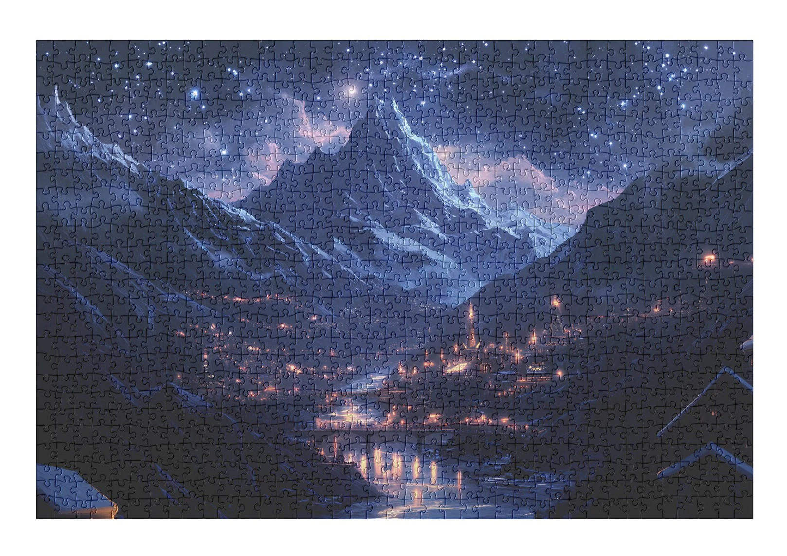 Starry Mountain Village Jigsaw Puzzle – Scenic Night Sky Landscape Puzzle for Adults & Gifts