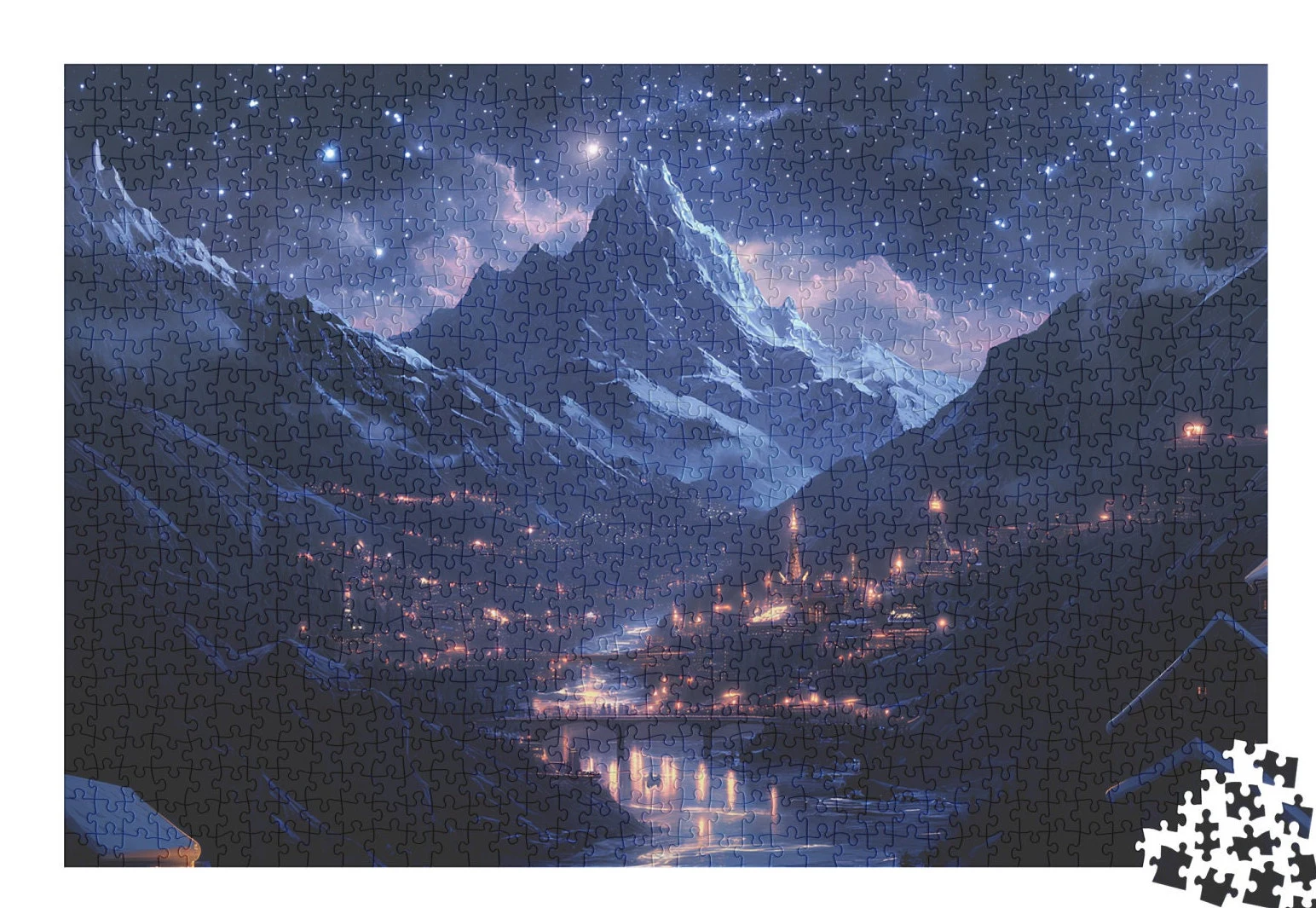 Starry Mountain Village Jigsaw Puzzle – Scenic Night Sky Landscape Puzzle for Adults & Gifts