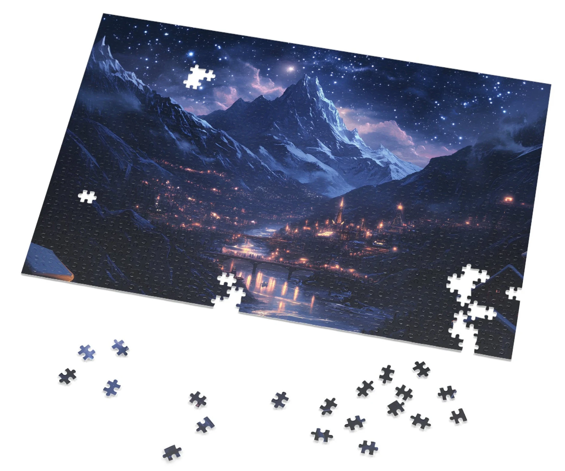 Starry Mountain Village Jigsaw Puzzle – Scenic Night Sky Landscape Puzzle for Adults & Gifts