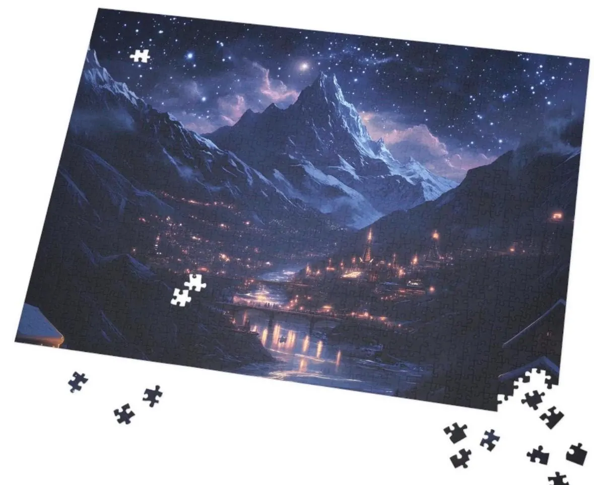 Starry Mountain Village Jigsaw Puzzle – Scenic Night Sky Landscape Puzzle for Adults & Gifts
