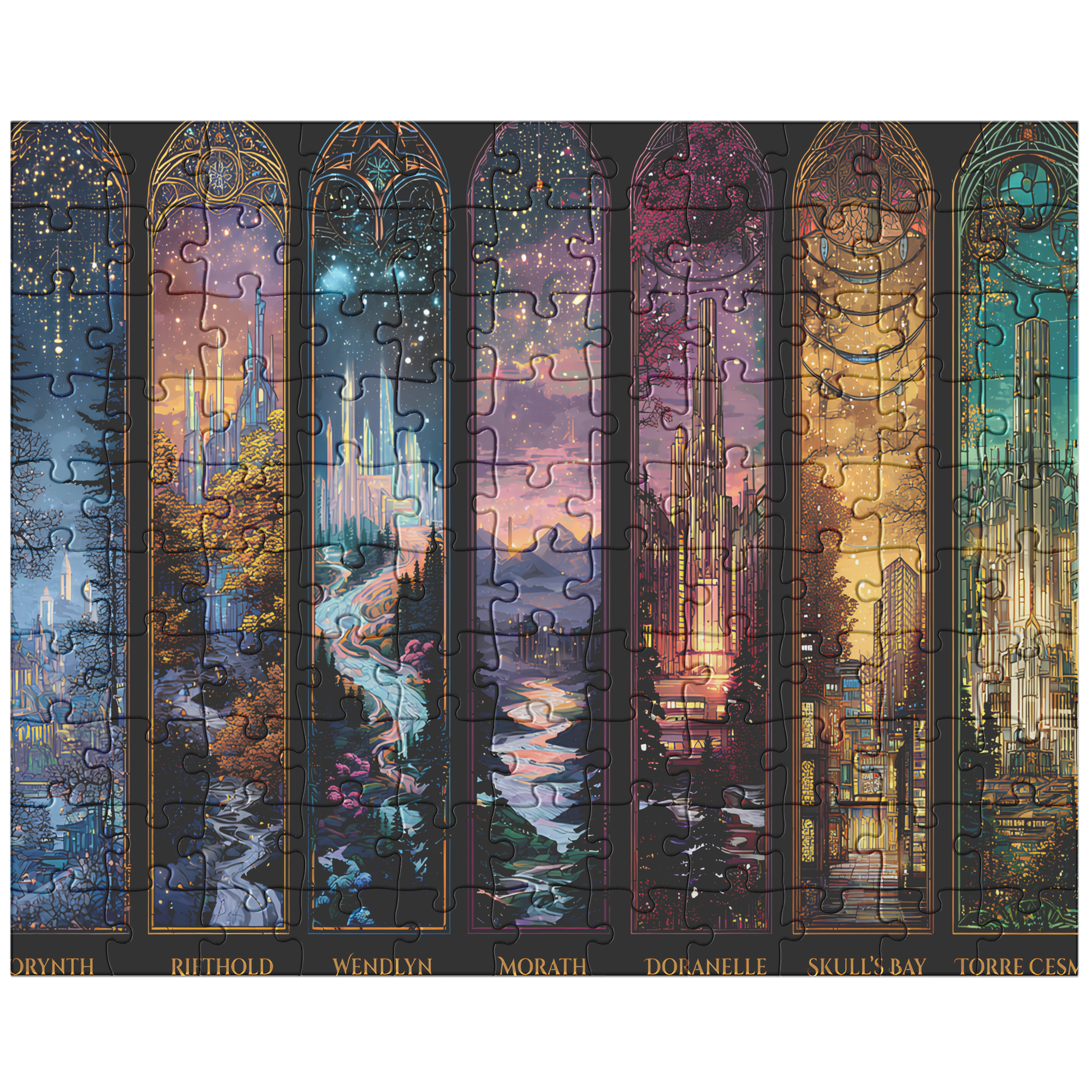 Bookish fandom puzzle with vibrant fantasy landscapes,
Throne of Glass inspired puzzle with multiple fantasy scenes,