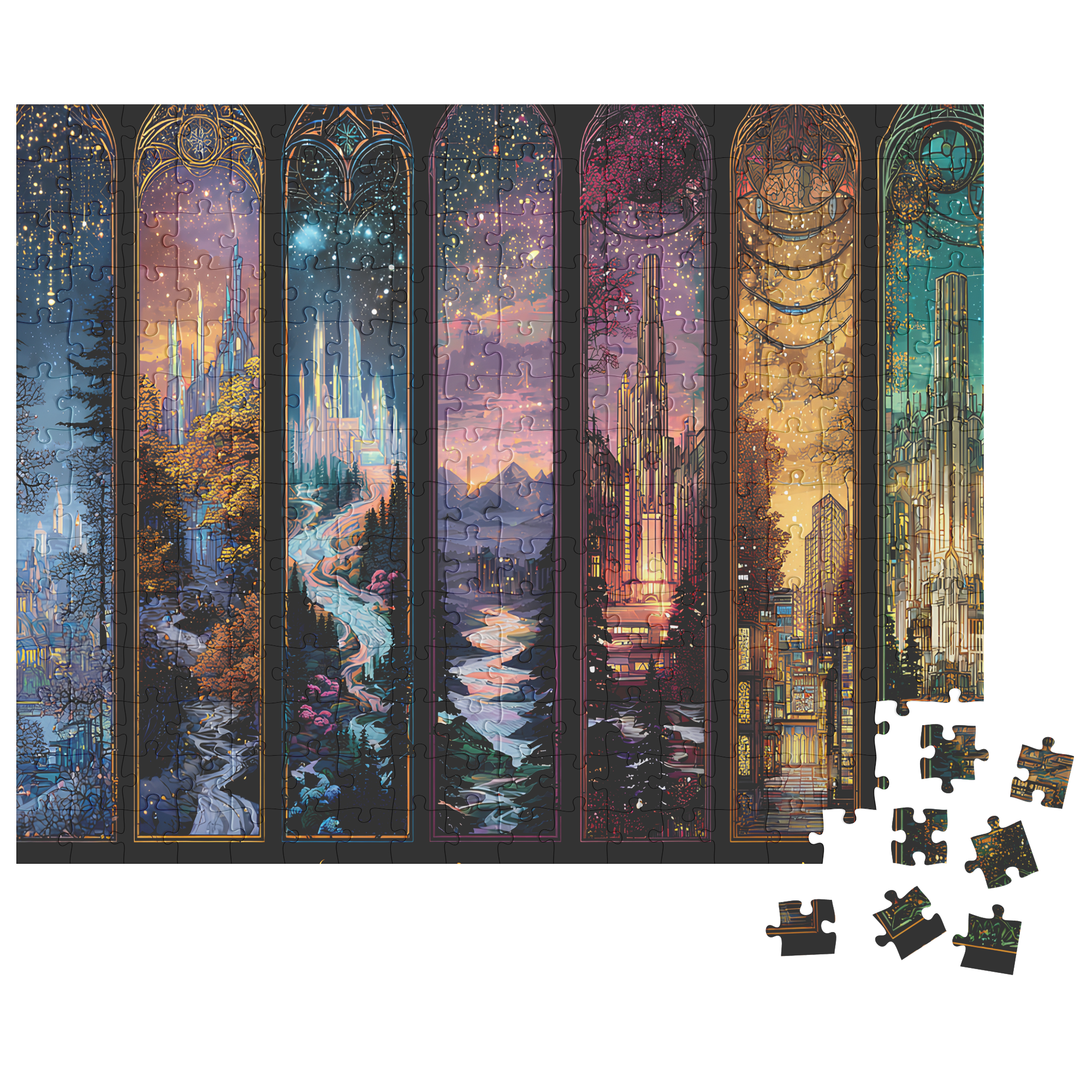 Puzzle with magical fantasy cities and iconic landmarks,
Fantasy jigsaw puzzle gift-ready with full reference print,