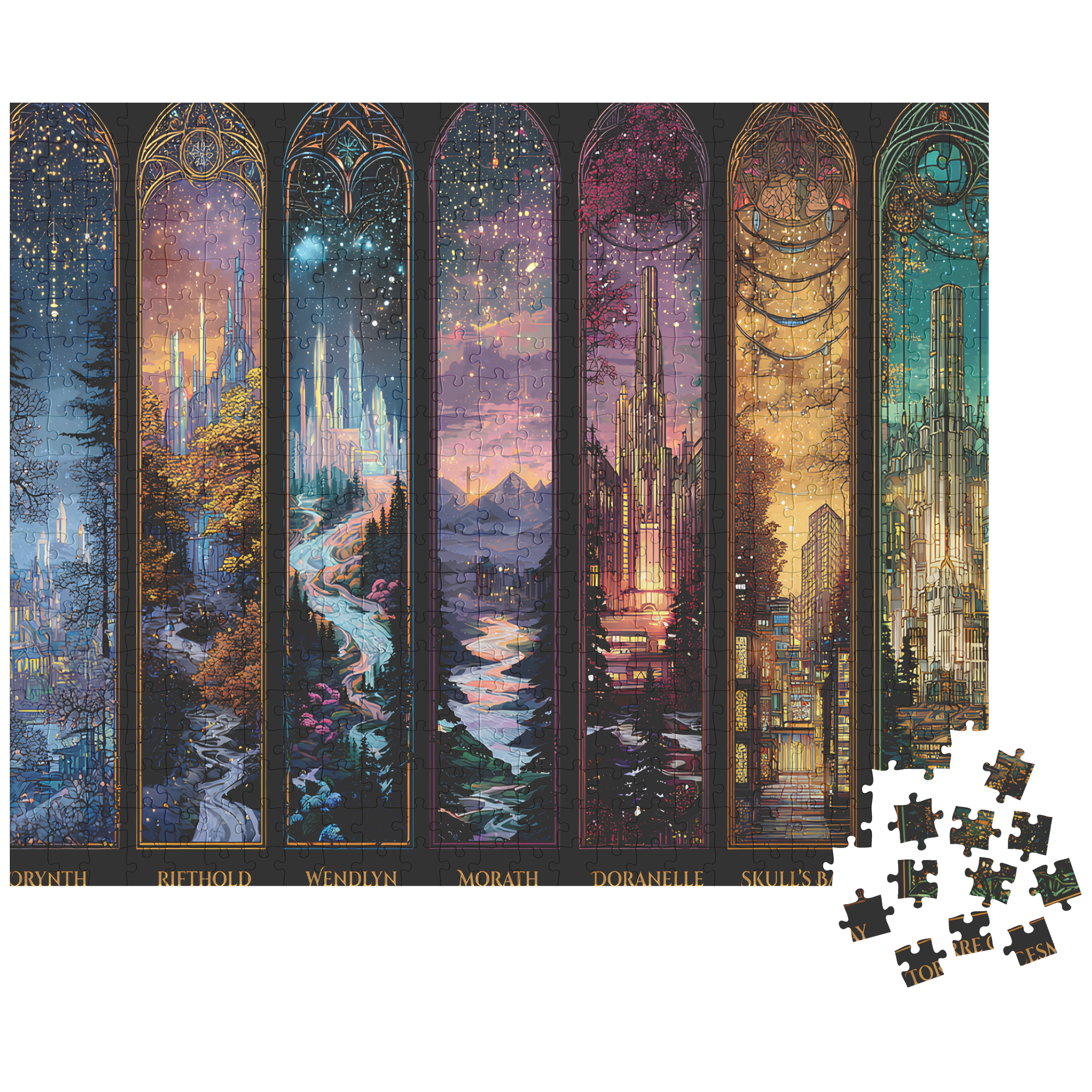 Fantasy puzzle hobby for cozy nights and fandom swaps,
Puzzle art showing Throne of Glass inspired world scenes,