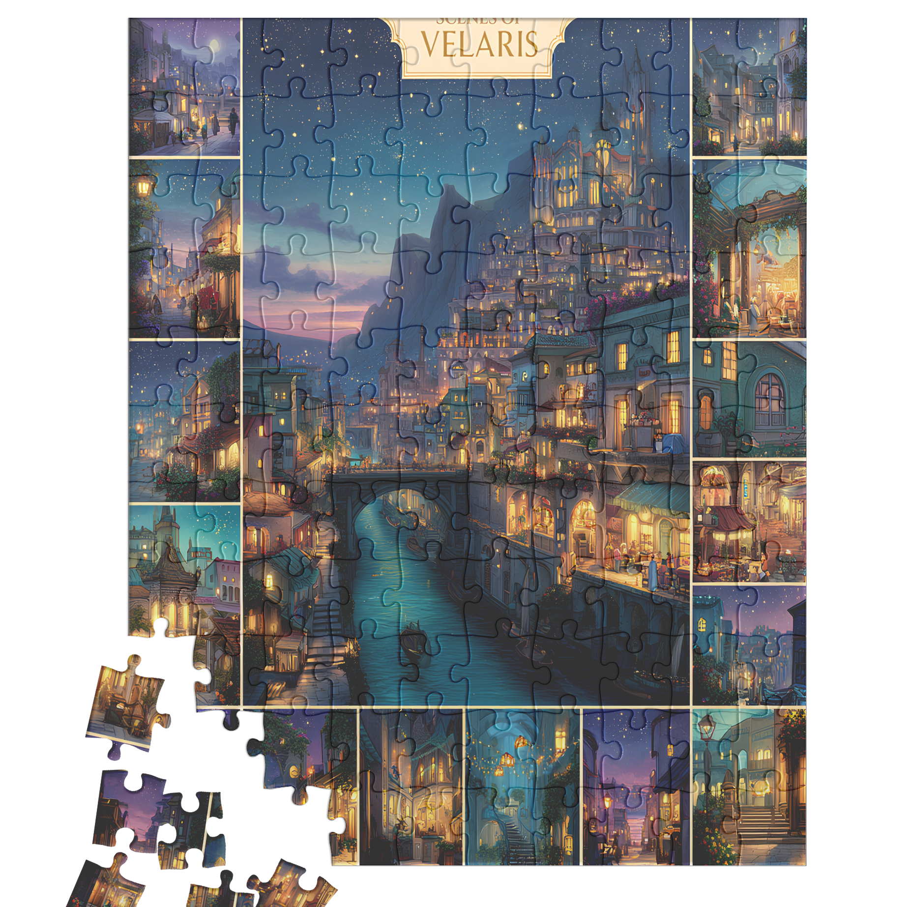 unique puzzle gift idea for collectors, relaxing weekend puzzle activity for readers, beautiful fantasy cityscape puzzle to frame,
