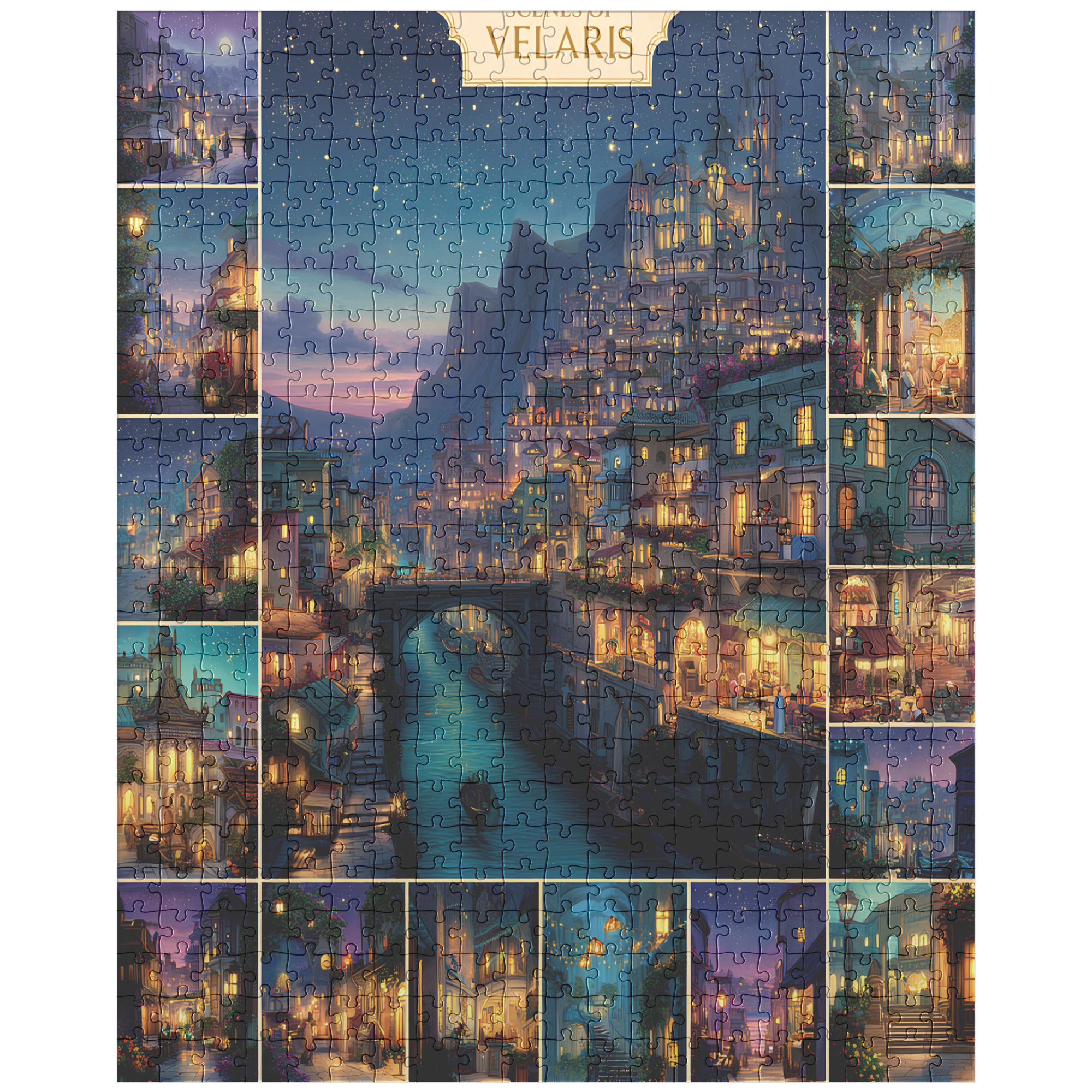 fantasy city of starlight jigsaw puzzle for adults, relaxing cozy puzzle gift for readers and dreamers, handmade fantasy art jigsaw puzzle for women, unique collectible puzzle for book lovers