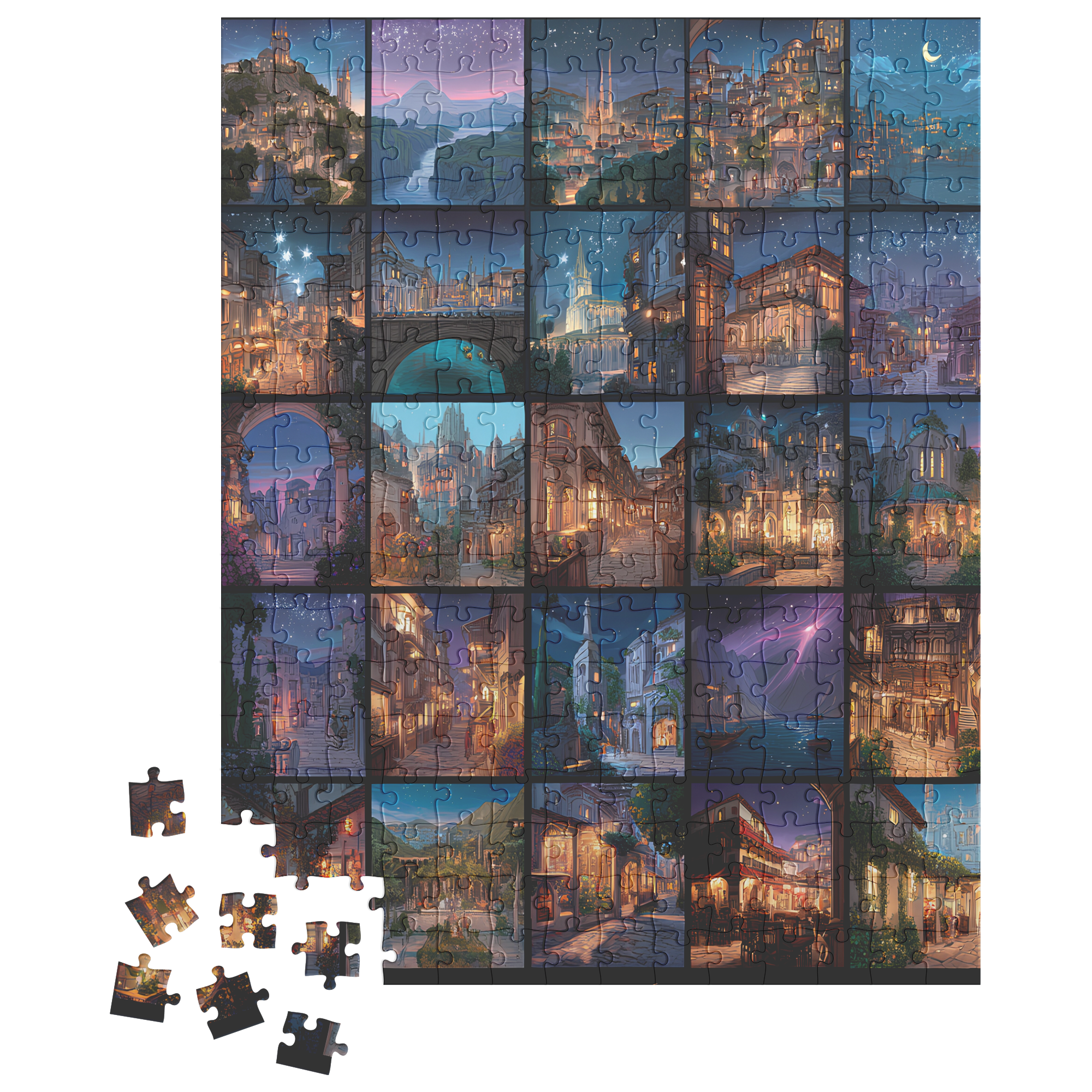 fantasy city starlight jigsaw puzzle, cozy puzzle for adults under 50, relaxing weekend puzzle activity,
