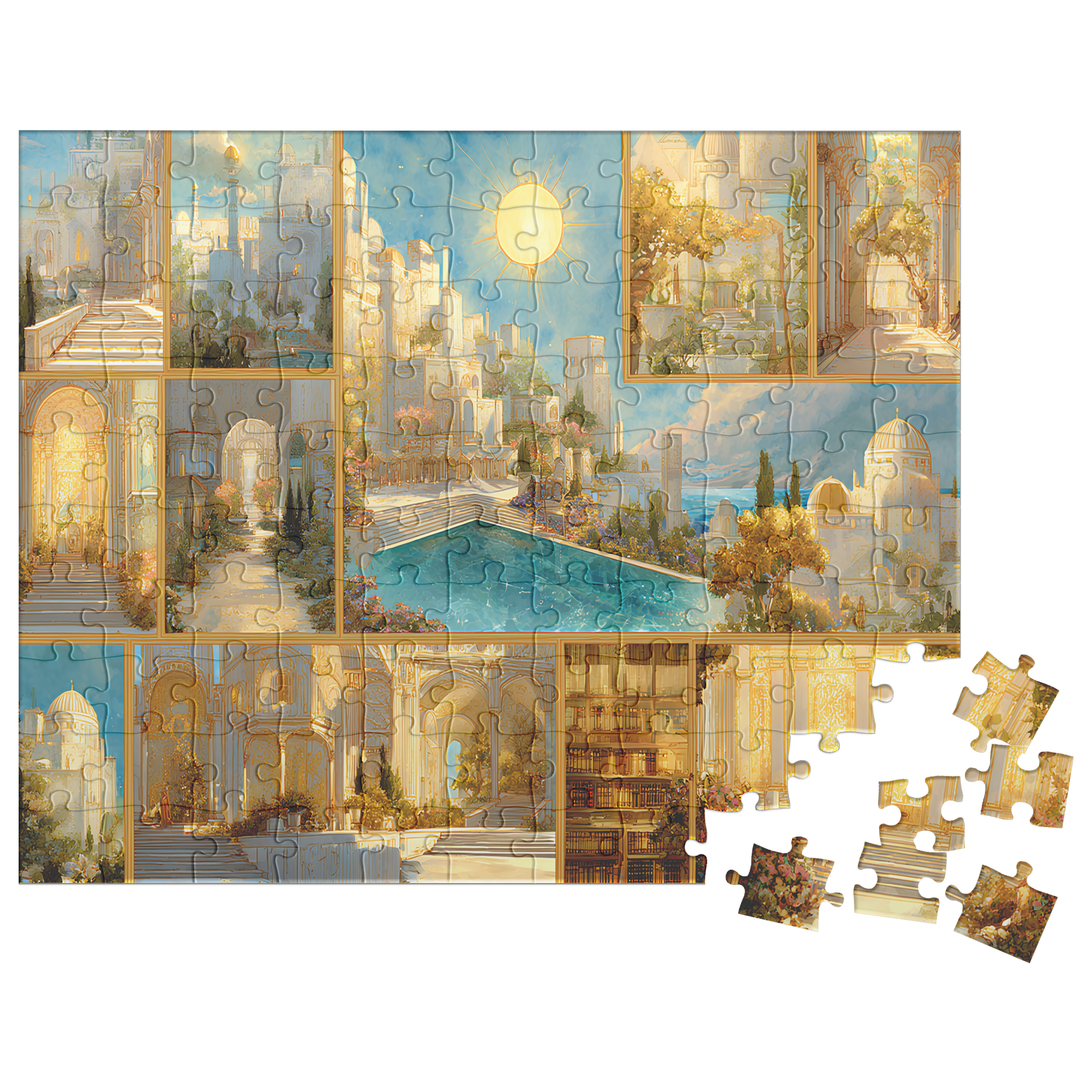 fantasy architecture puzzle with marble and light,
elegant golden fantasy realm jigsaw puzzle gift,
aesthetic fantasy puzzle box for cozy weekends,