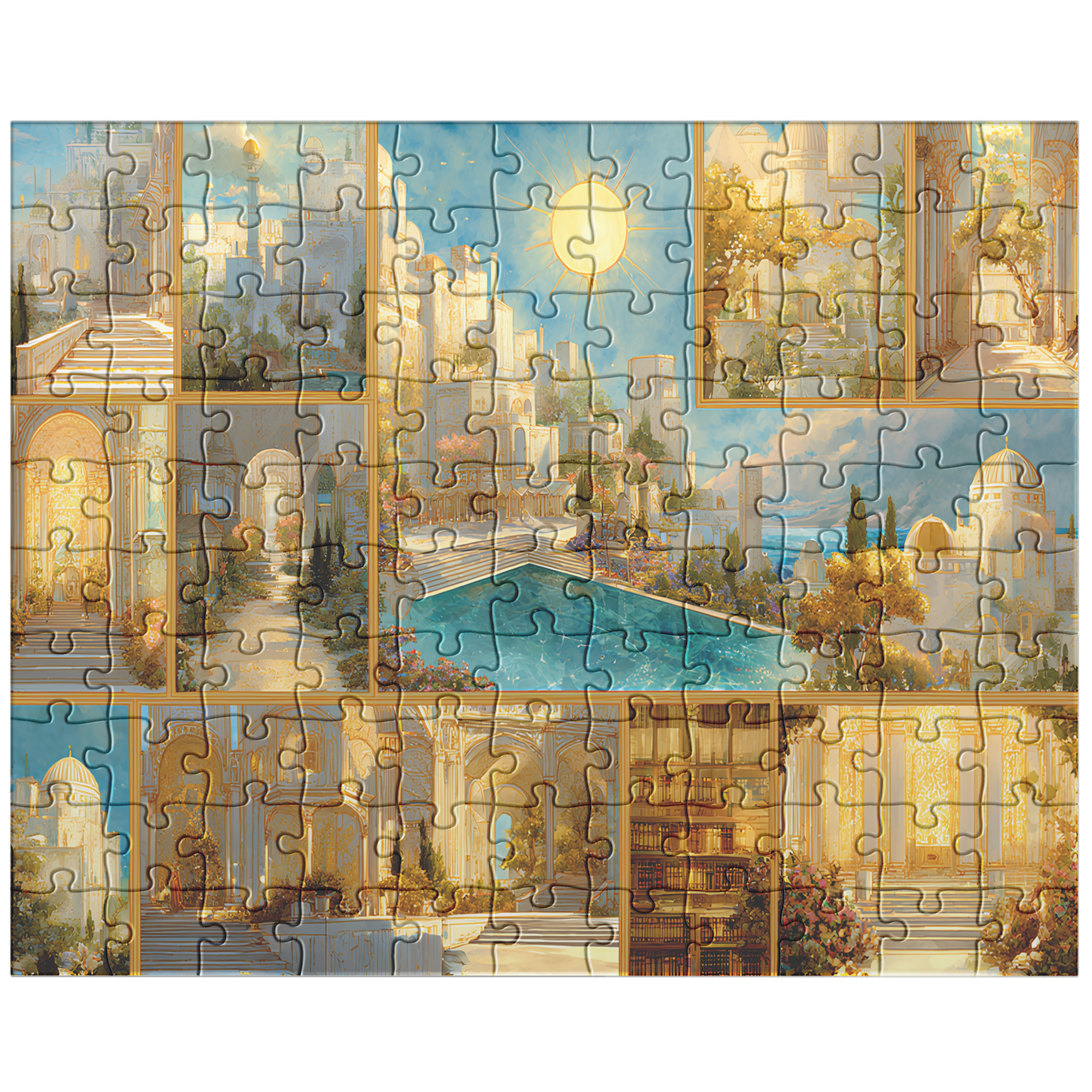 sunlit fantasy world puzzle with castle and arches,
book lover fantasy puzzle with dreamy golden hues,
collectible jigsaw puzzle showing serene sunlit kingdom,