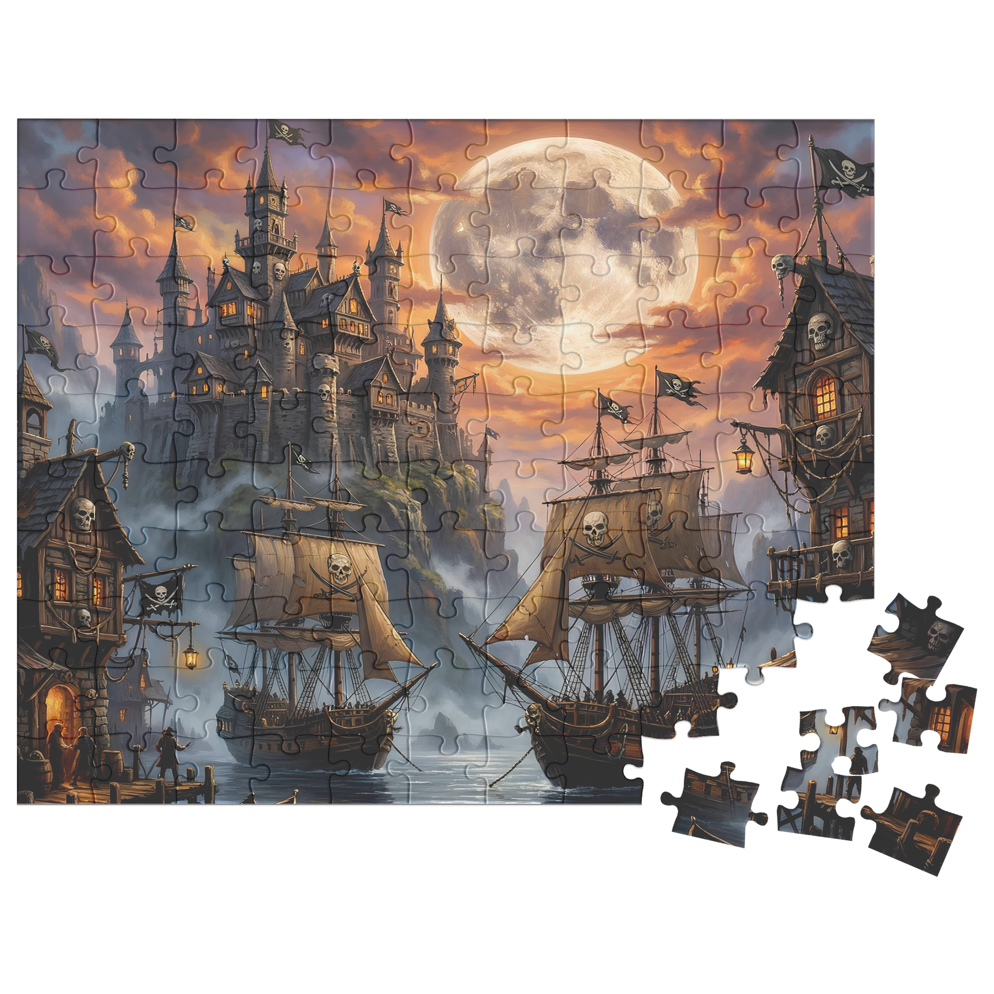 fantasy pirate dock puzzle with dramatic sky, pirate port fantasy puzzle with full moon background, adventure harbor jigsaw puzzle with fantasy ships