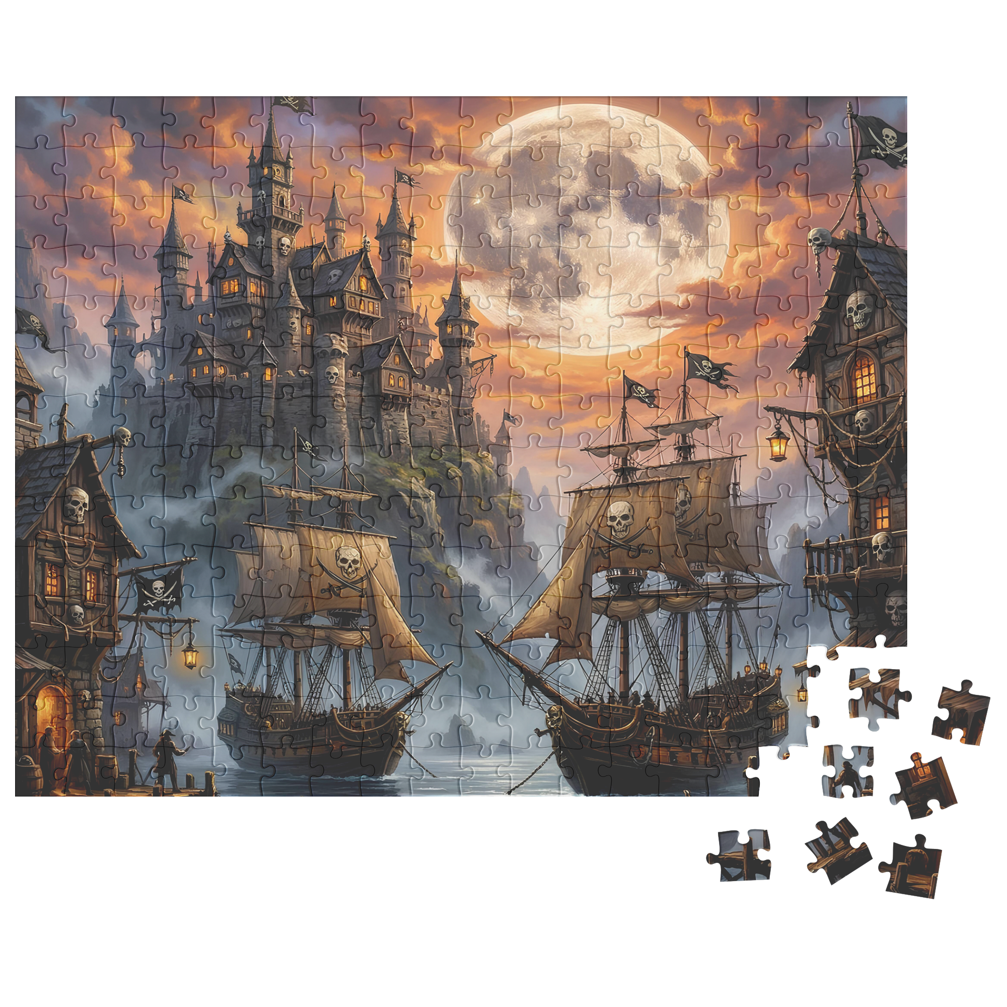 pirate core fantasy harbor puzzle scene, fantasy harbor city puzzle for adults, cozy pirate harbor puzzle for romantasy readers