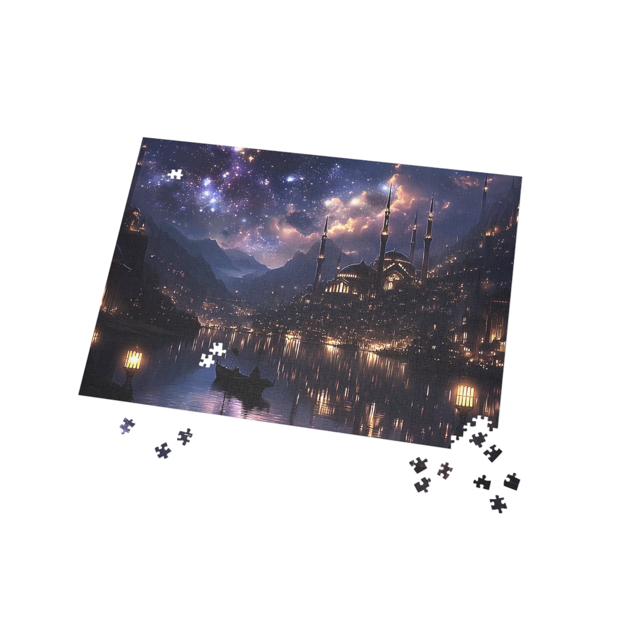 Mystical Starry Night Cityscape Puzzle Fantasy Skyline Jigsaw for Adults, Relaxing Cozy Gift