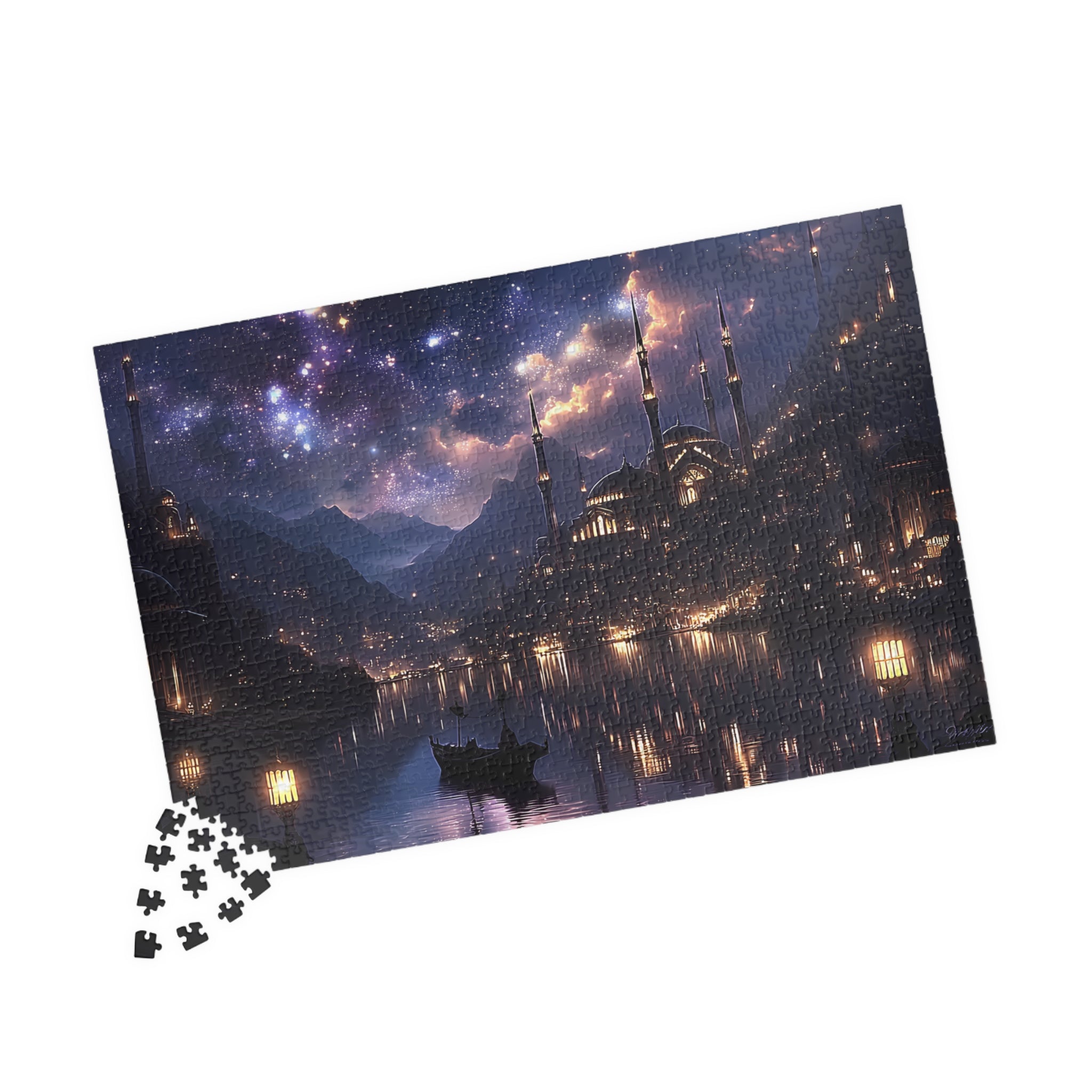 Mystical Starry Night Cityscape Puzzle Fantasy Skyline Jigsaw for Adults, Relaxing Cozy Gift