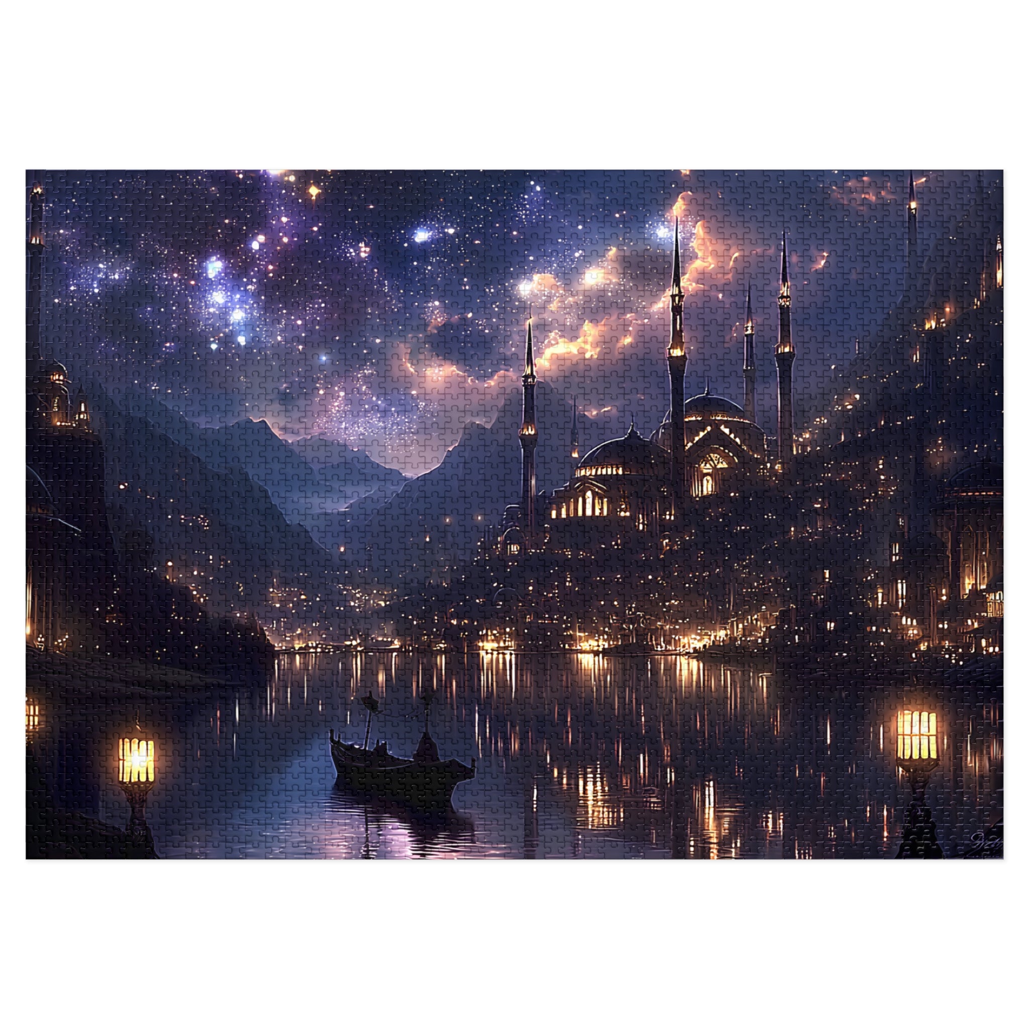 Mystical Starry Night Cityscape Puzzle Fantasy Skyline Jigsaw for Adults, Relaxing Cozy Gift