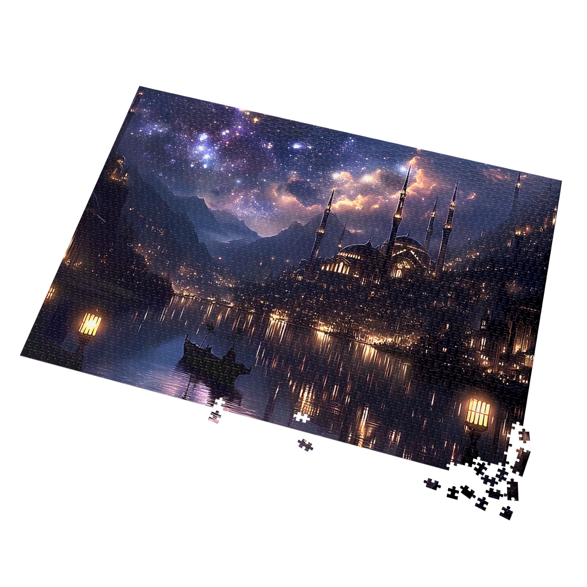 Mystical Starry Night Cityscape Puzzle Fantasy Skyline Jigsaw for Adults, Relaxing Cozy Gift