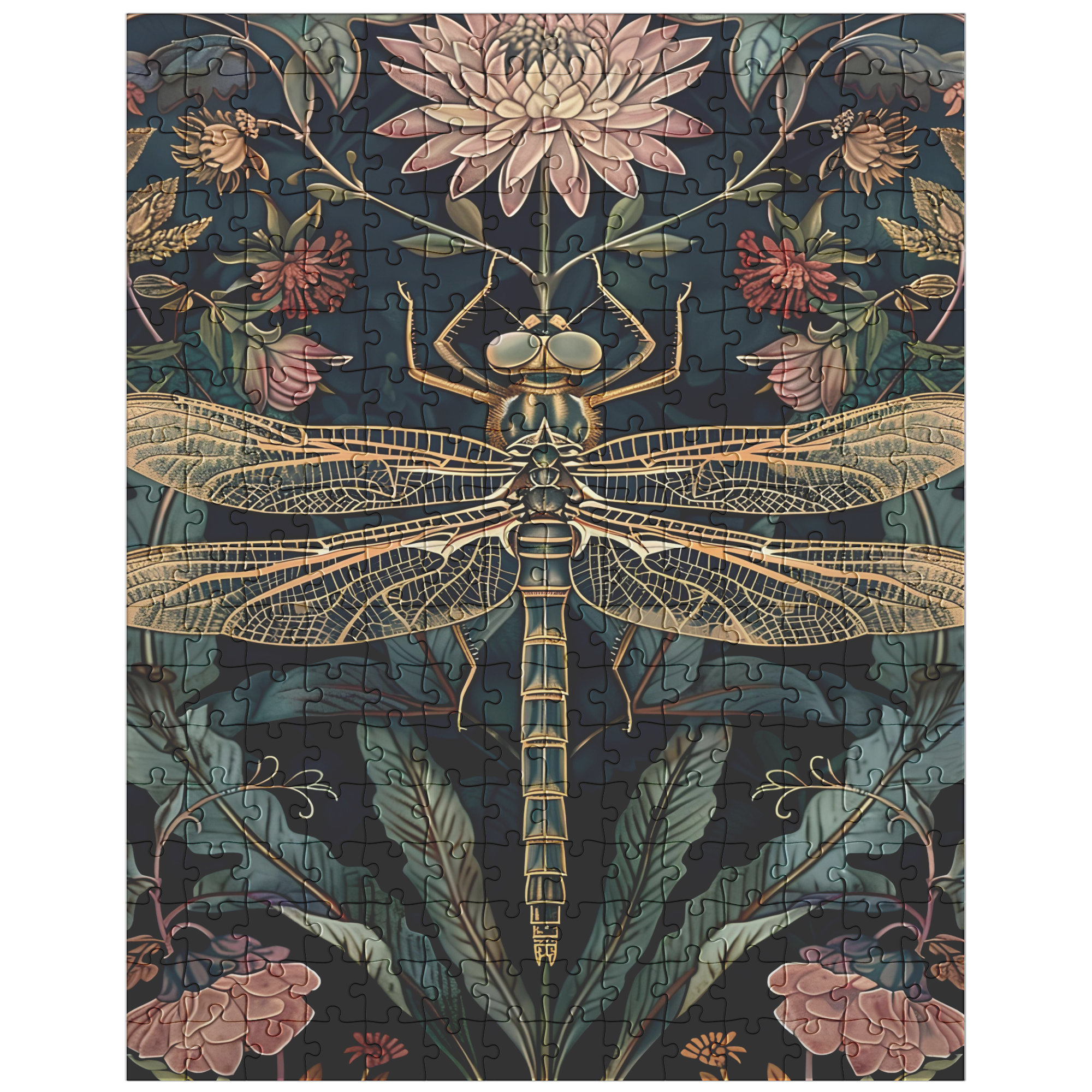 cozy evening puzzle with floral dragonfly artwork, vintage floral and insect art puzzle, william morris aesthetic dragonfly puzzle for adults
