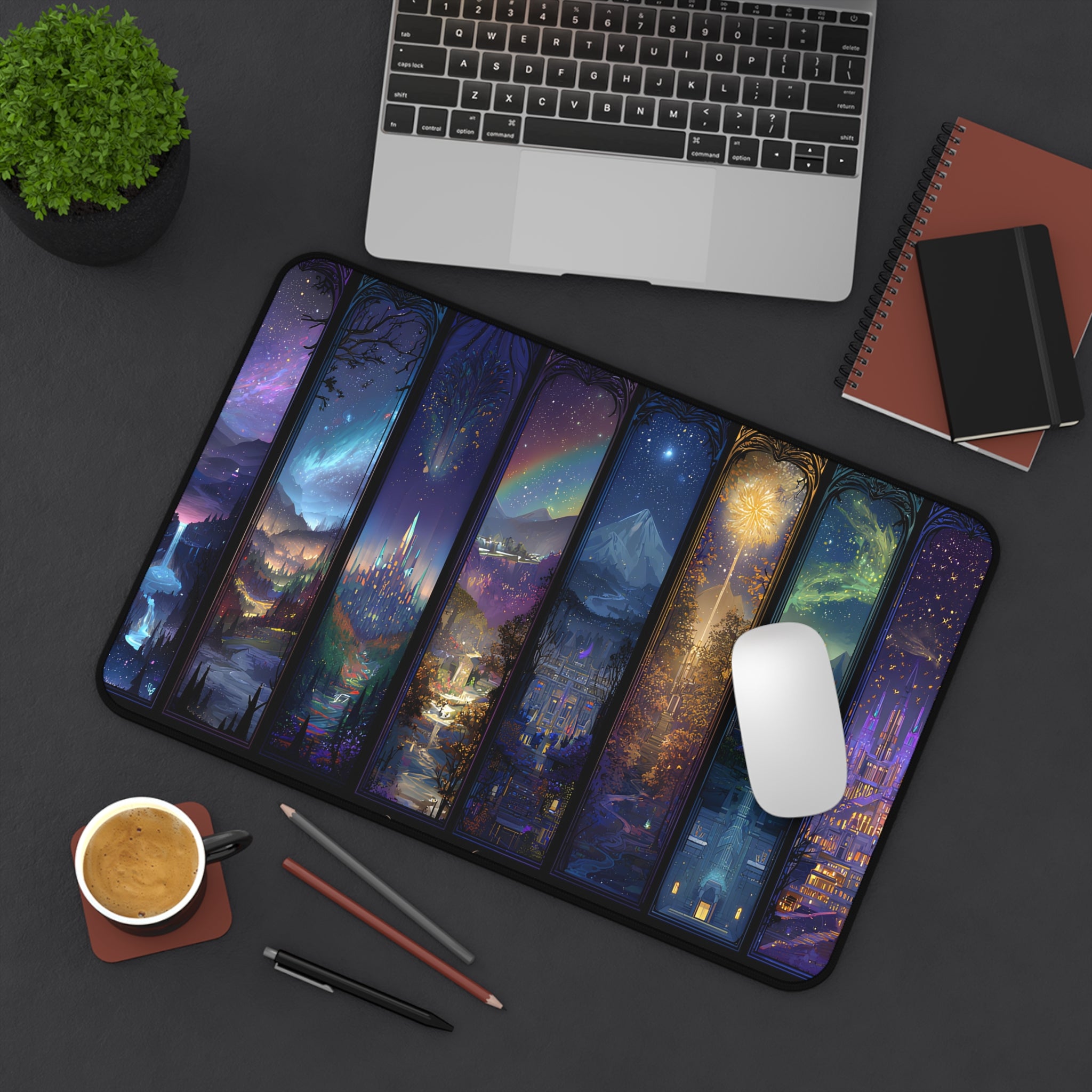 Velaris City of Starlight desk pad for book lovers, fantasy city desk mat in jewel tones and gold light
