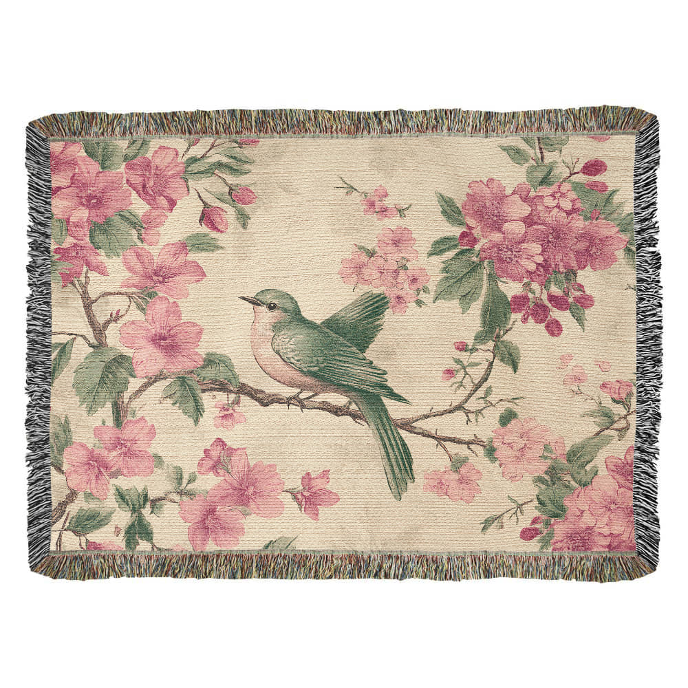 Pink, green bird and flowers blanket