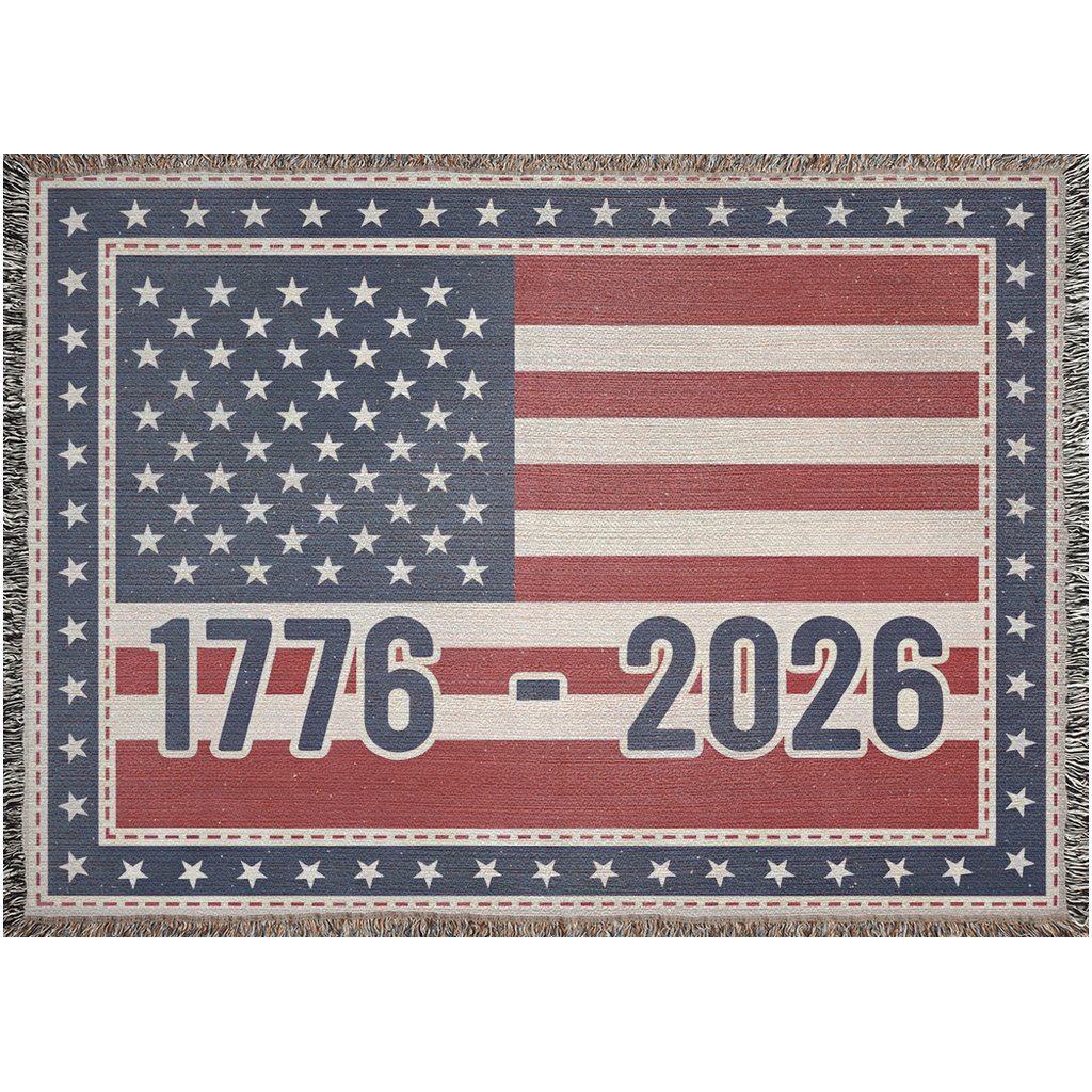 woven american flag blanket with 1776–2026 text and decorative fringe, patriotic woven throw blanket celebrating usa 250 anniversary, american flag cotton woven blanket red white blue tapestr