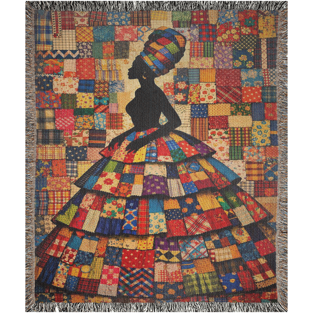 luxury jacquard woven throw with bold silhouette artwork, cotton woven tapestry blanket with dimensional textile depth, heirloom quality afrocentric art throw for gallery wal
