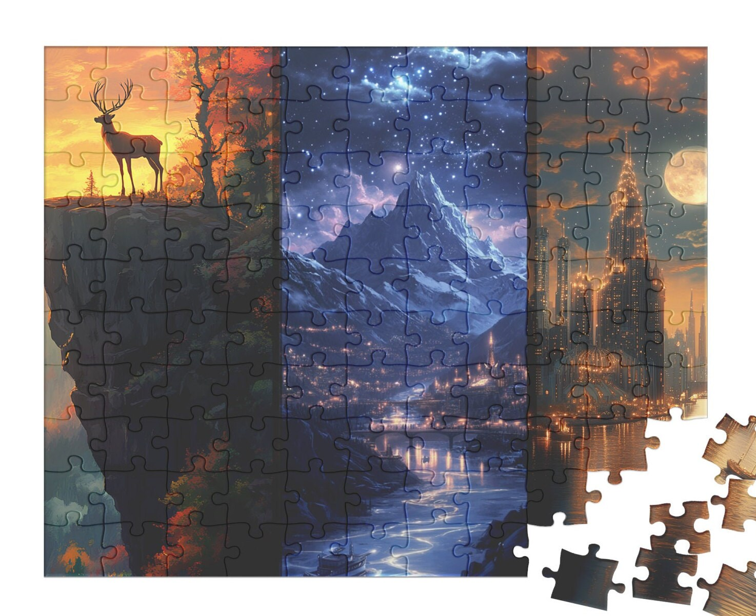 Majestic Fantasy Stag & Starry City Puzzle – Scenic Mountain Nightscape Jigsaw for Adults & Gifts