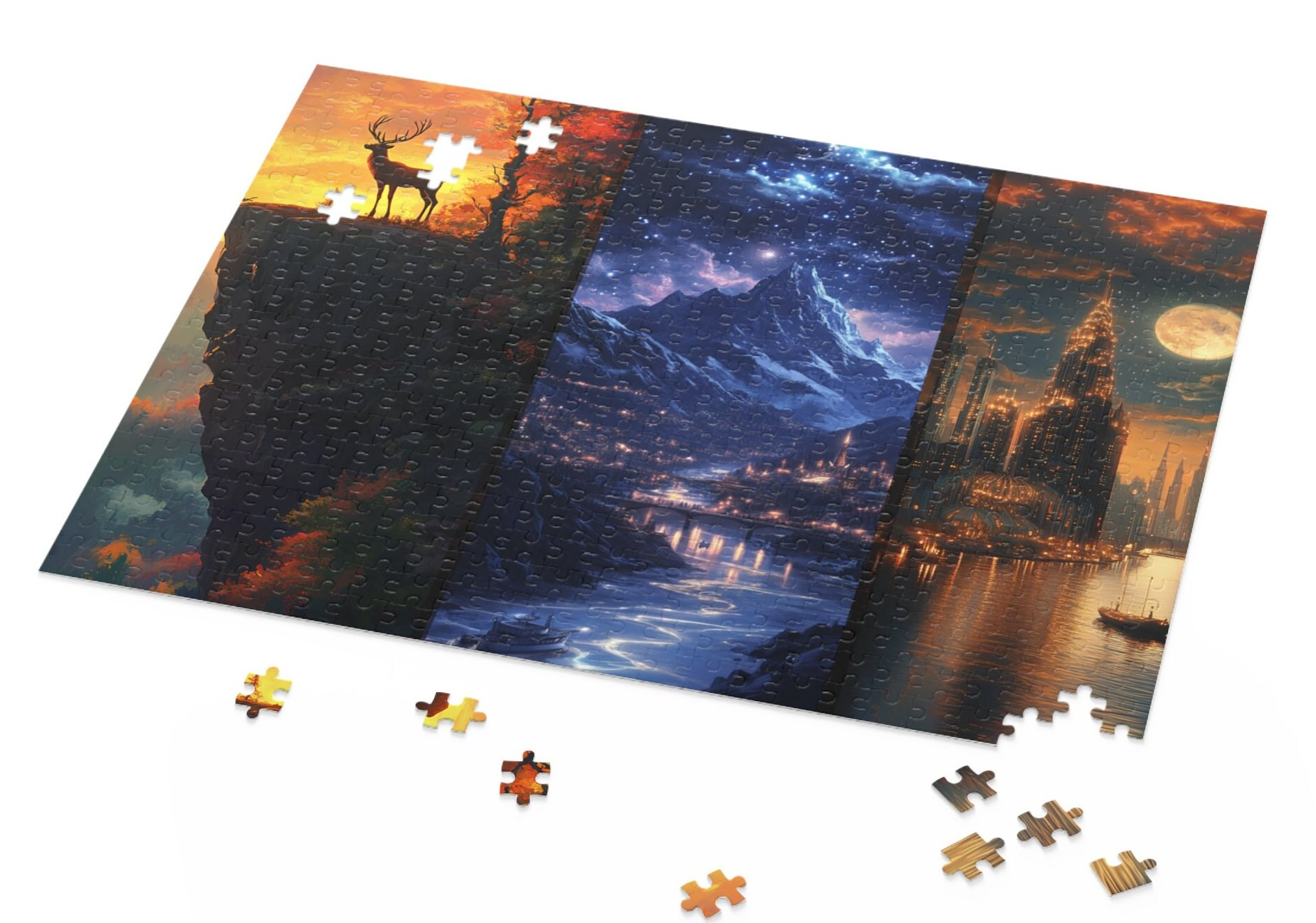 Majestic Fantasy Stag & Starry City Puzzle – Scenic Mountain Nightscape Jigsaw for Adults & Gifts