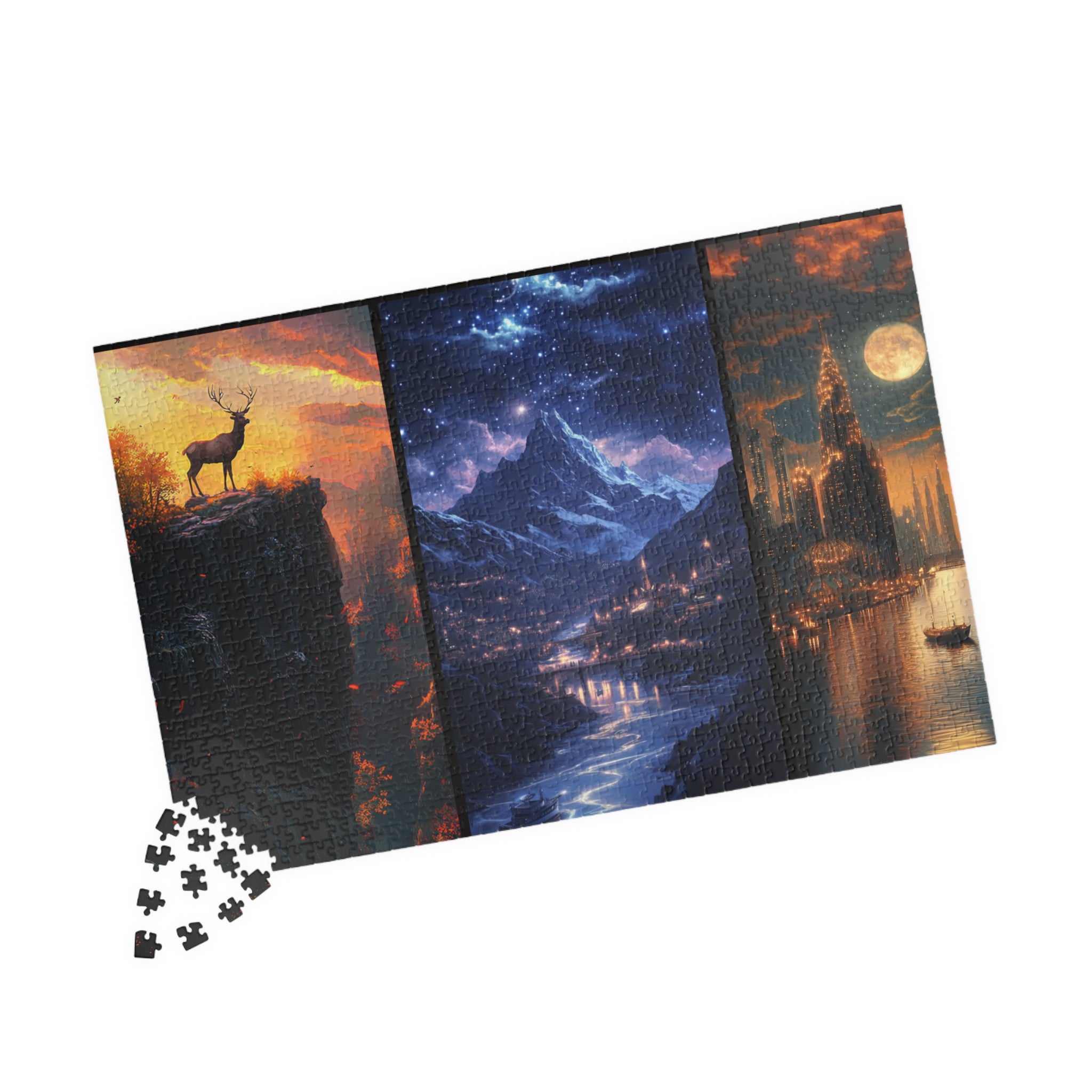 Majestic Fantasy Stag & Starry City Puzzle – Scenic Mountain Nightscape Jigsaw for Adults & Gifts