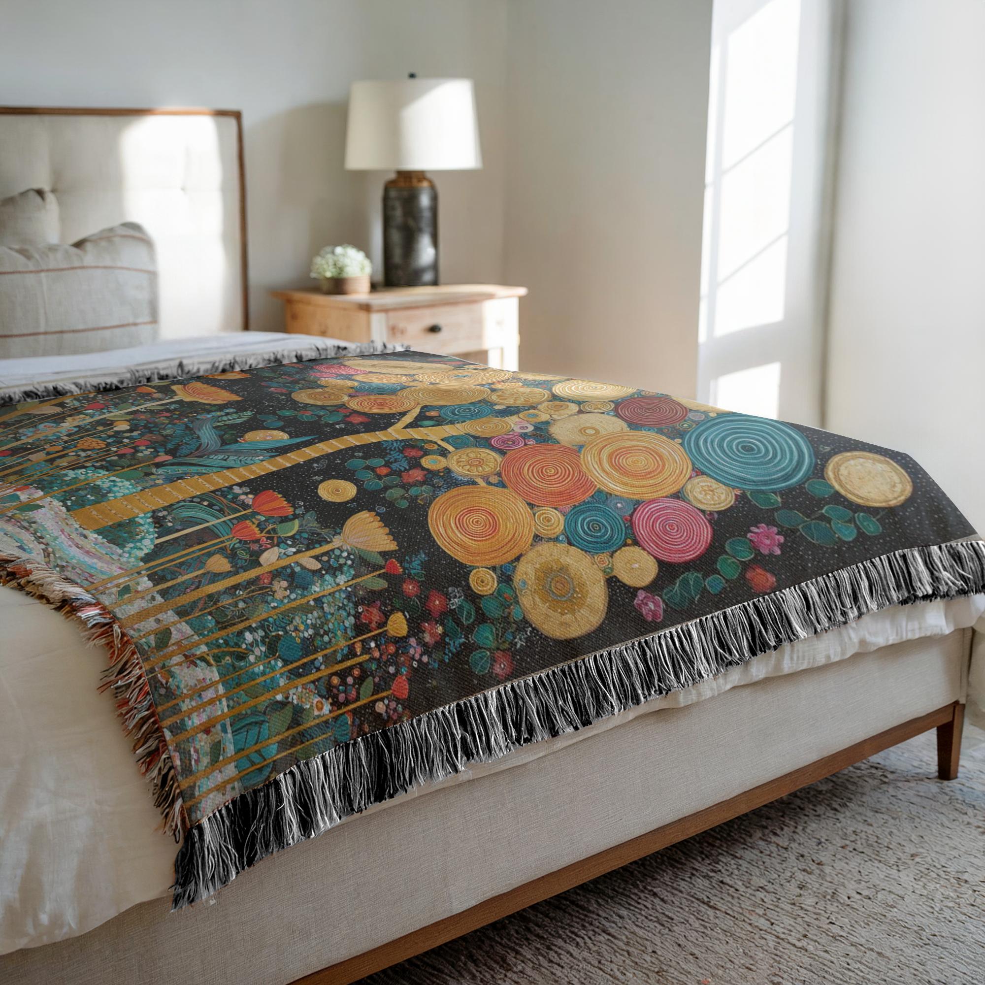 decorative botanical tapestry blanket for couch, cozy woven throw with whimsical garden artwork, cotton tapestry blanket with fantasy botanical tree design