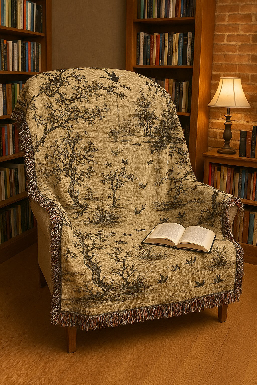 Cream & Black Toile Woven Throw Blanket | Cozy Cottagecore Cotton Sofa Throw