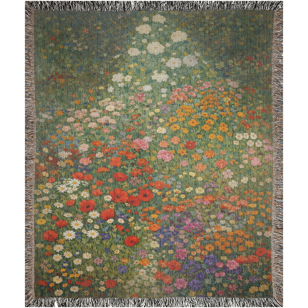cozy woven floral blanket styled for farmhouse sofa, spring floral tapestry throw blanket for bedroom decor, art inspired woven blanket with botanical garden pattern