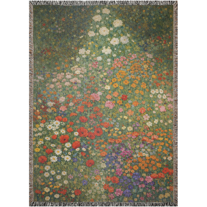 garden inspired woven throw blanket with textured weave, floral art tapestry blanket with fringe border detail