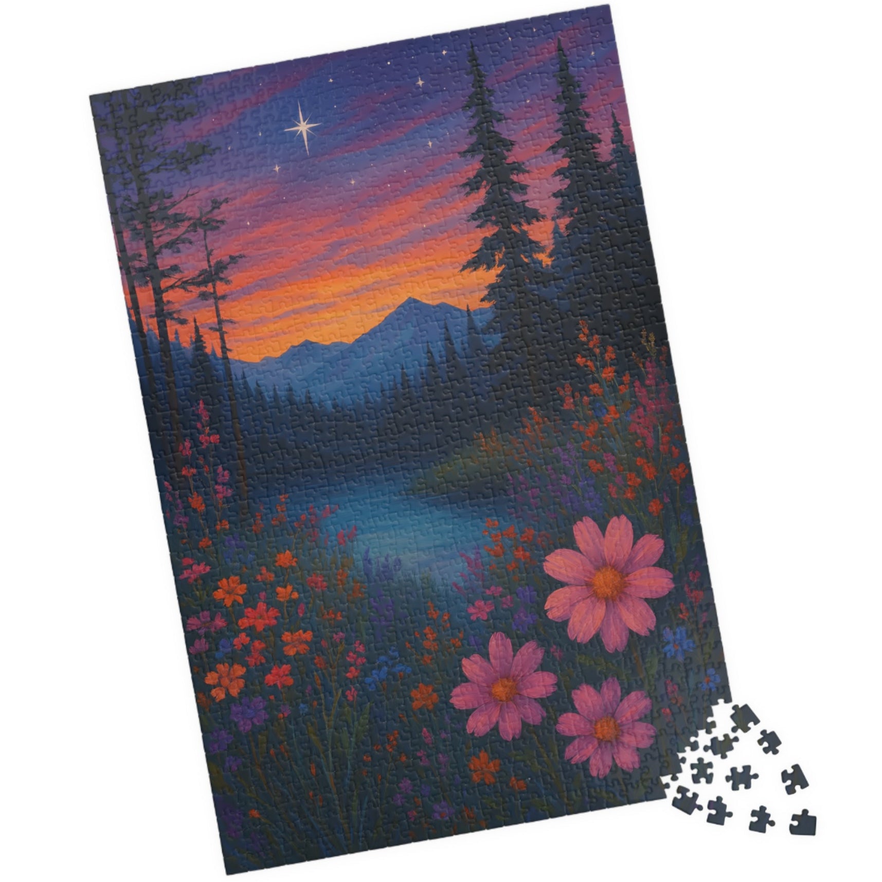 Colorful Wildflower Mountain Sunset Puzzle | Scenic Nature Jigsaw Gift for Adults & Home Decor