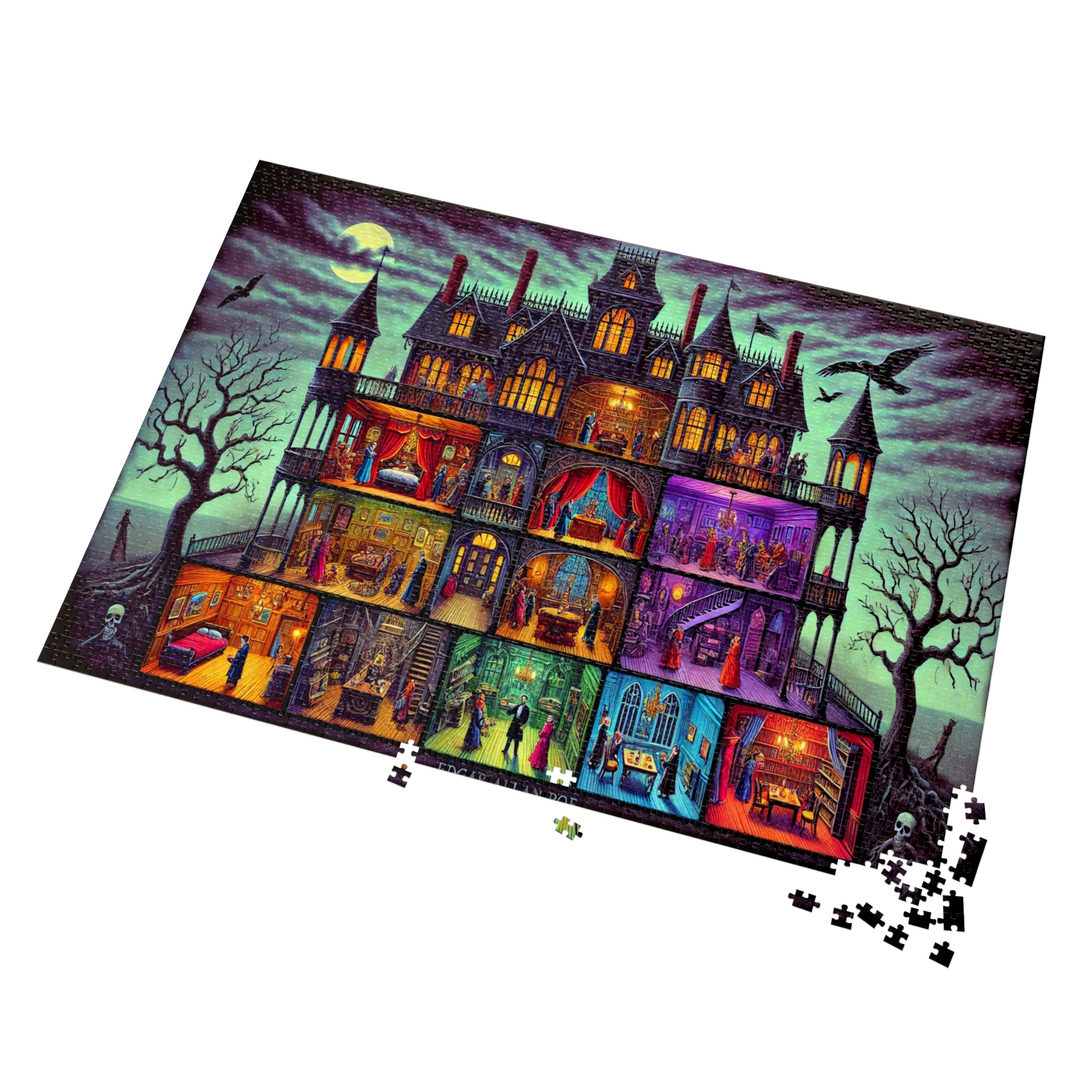 Edgar Allan Poe Haunted Mansion Puzzle | Gothic Macabre Jigsaw for Adults | Spooky Raven Art Gift